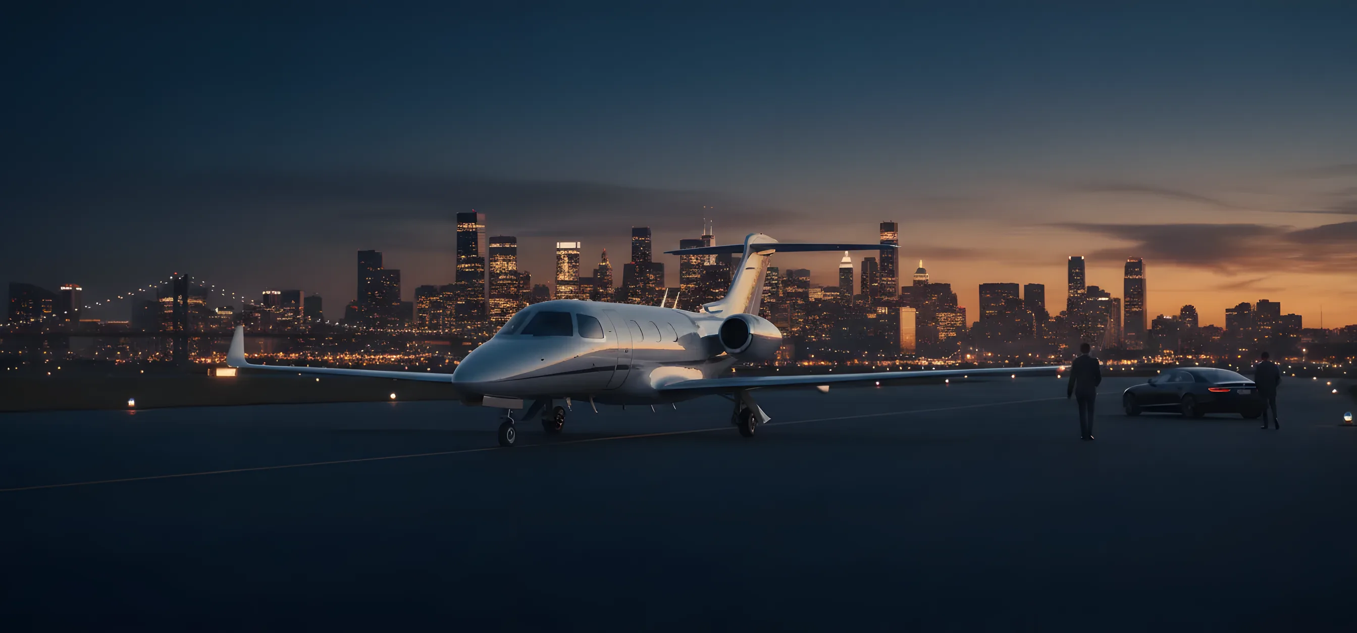 A private jet on an airfield at dusk, with city lights in the distance.