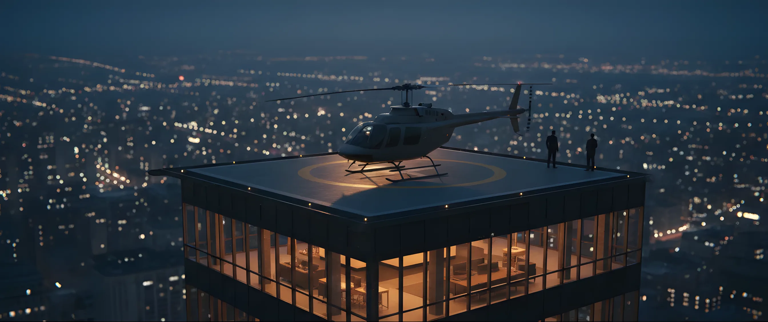 A helicopter rests on a skyscraper's rooftop helipad at dusk, with a sprawling city skyline lighting up in the background.