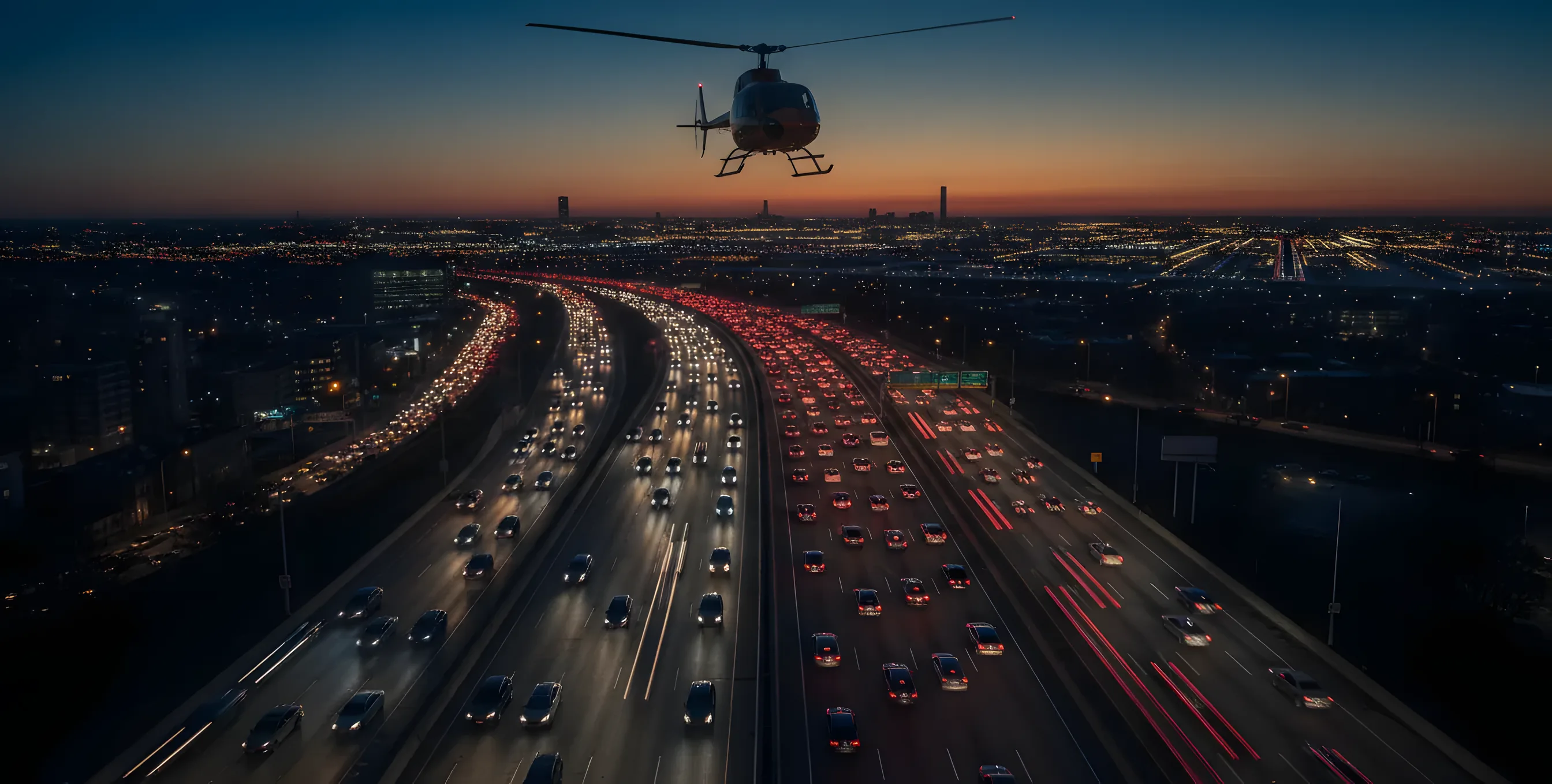 Aerial view of a helicopter flying over evening traffic toward a glowing airport on the horizon.