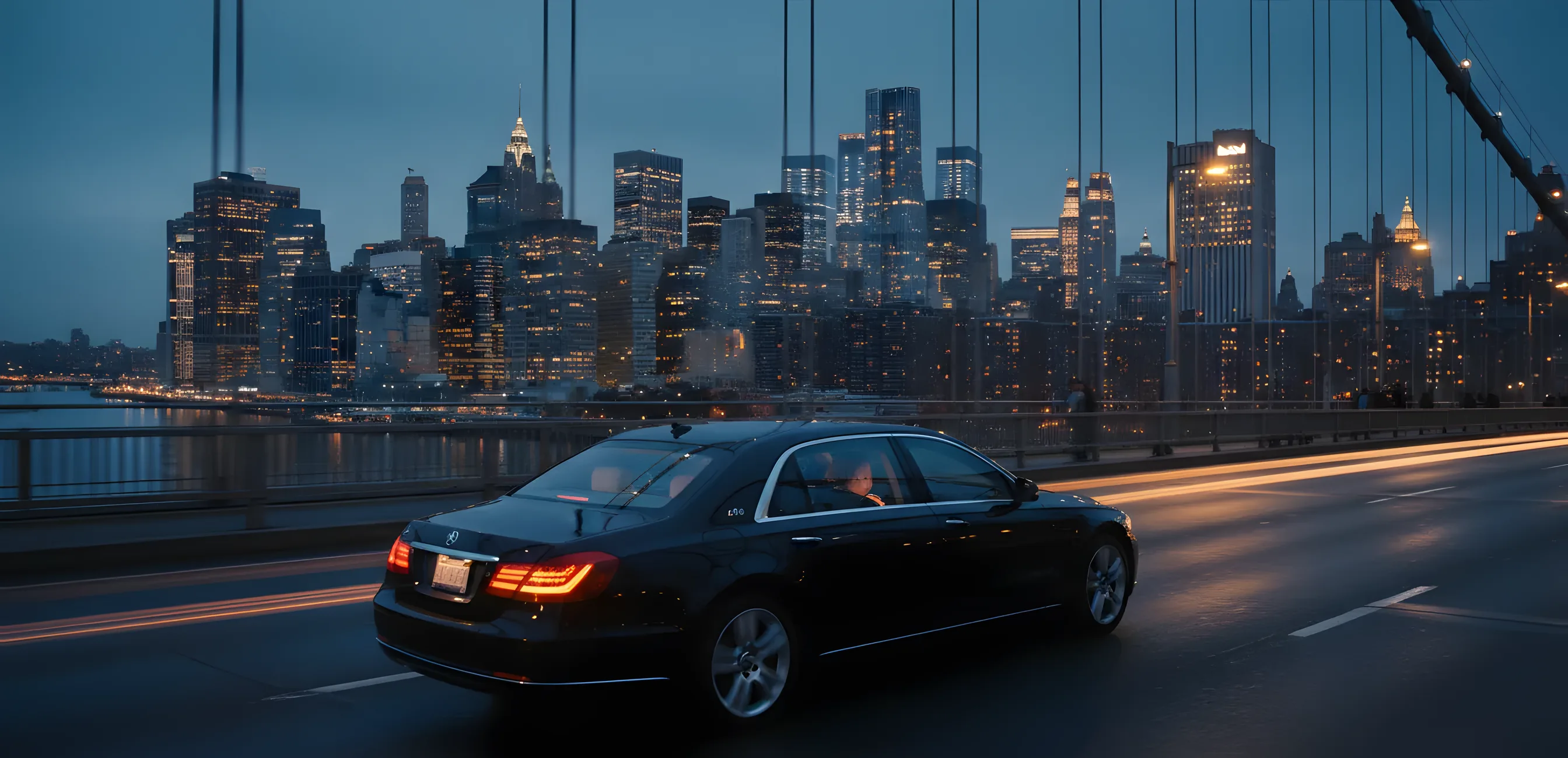 A black car drives over a bridge at twilight, with the illuminated Manhattan skyline in the distance.