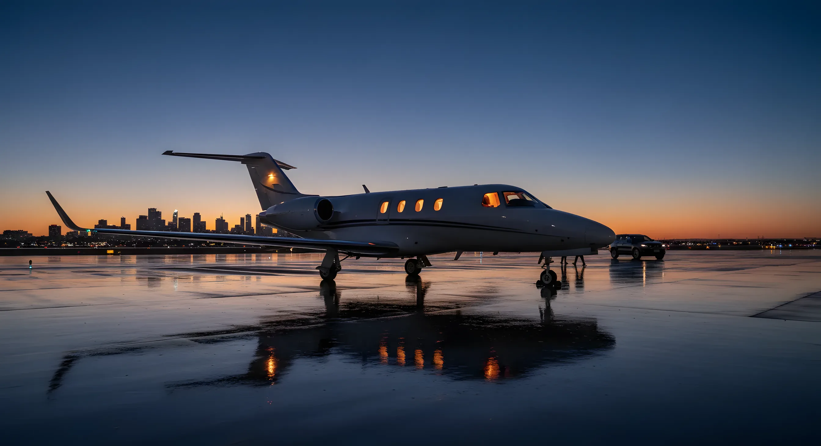 A sleek private jet on an airfield at dusk, with its cabin lights glowing and a city skyline in the distance.