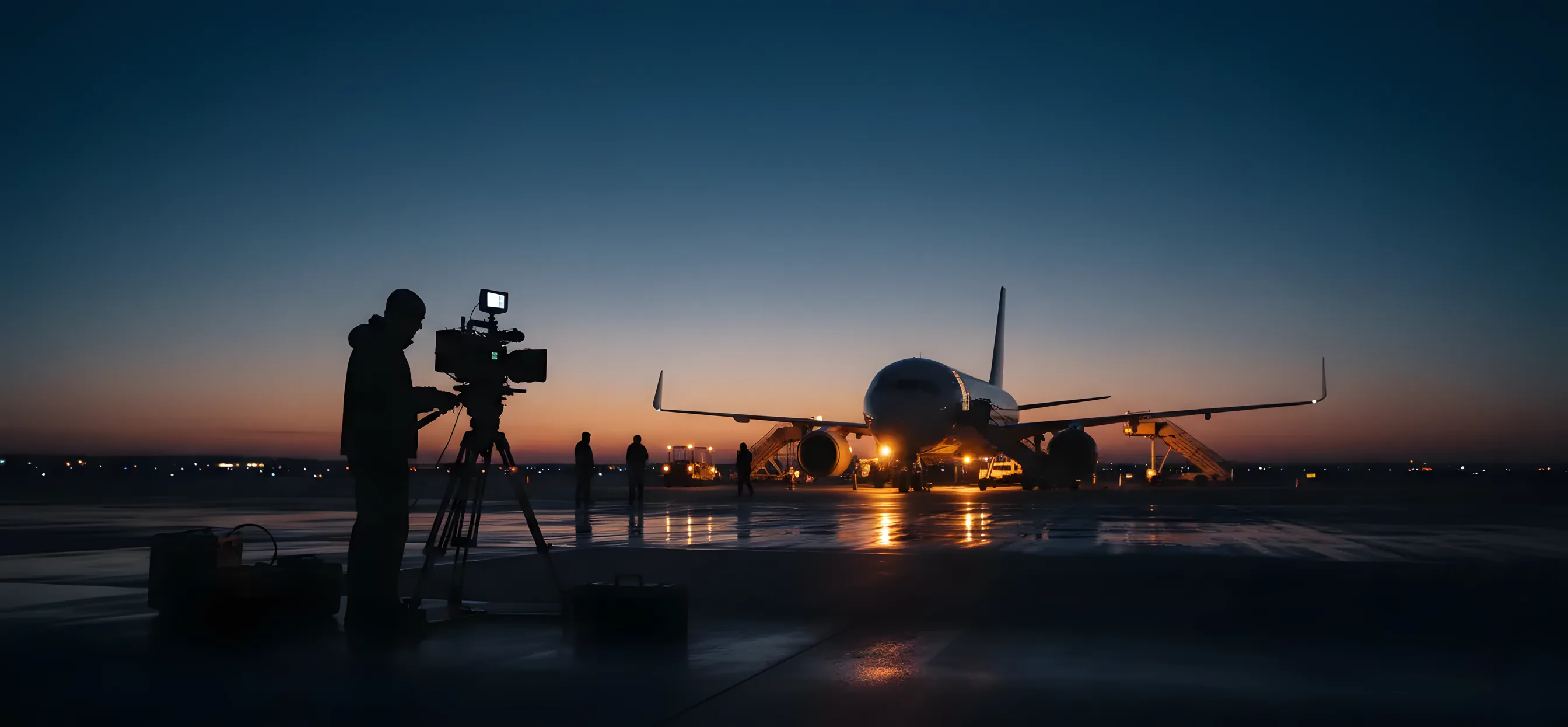 A film crew with a camera on a tarmac next to a passenger jet at dusk.
