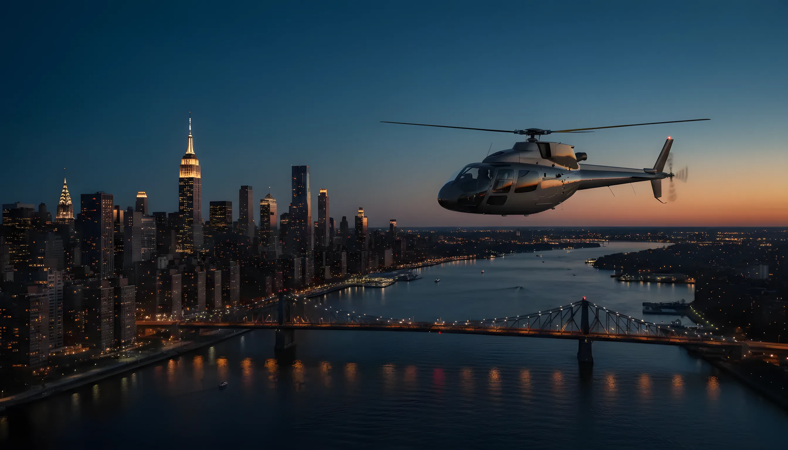 A helicopter flies over the East River at dusk, with the illuminated Midtown Manhattan skyline in the background.