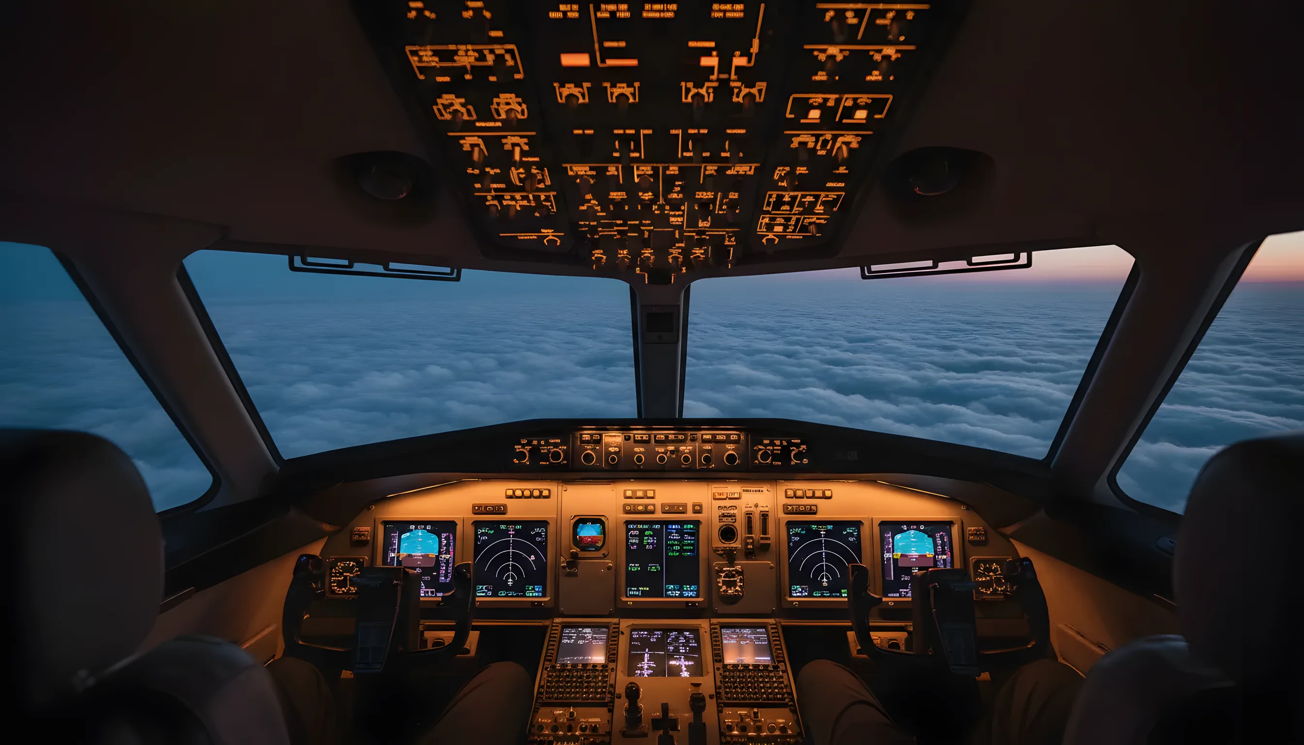The view from a private jet cockpit with glowing instruments, flying above the clouds at dusk.