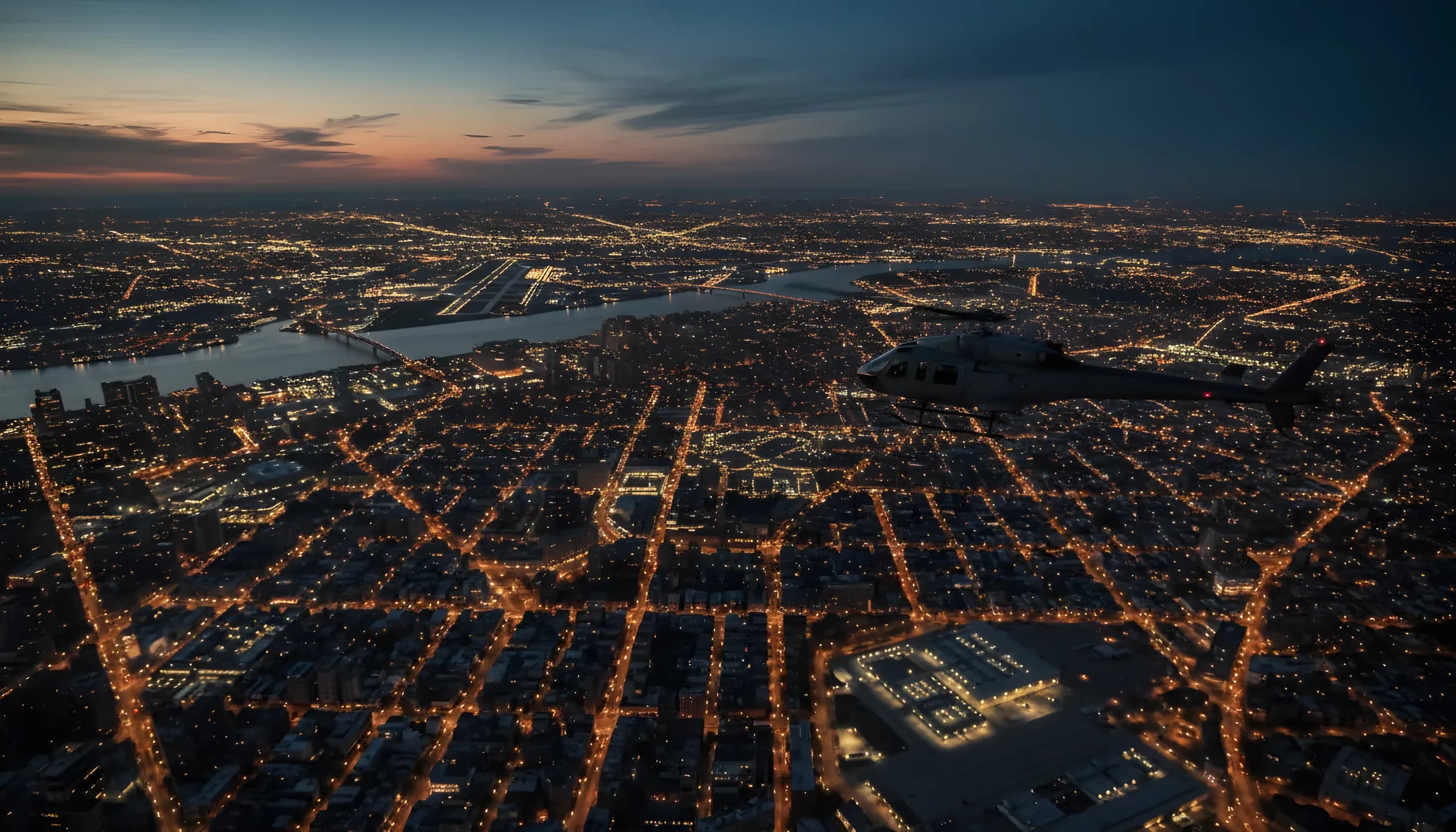 A helicopter flies over the lights of Queens, New York at dusk, with two airports visible in the distance.