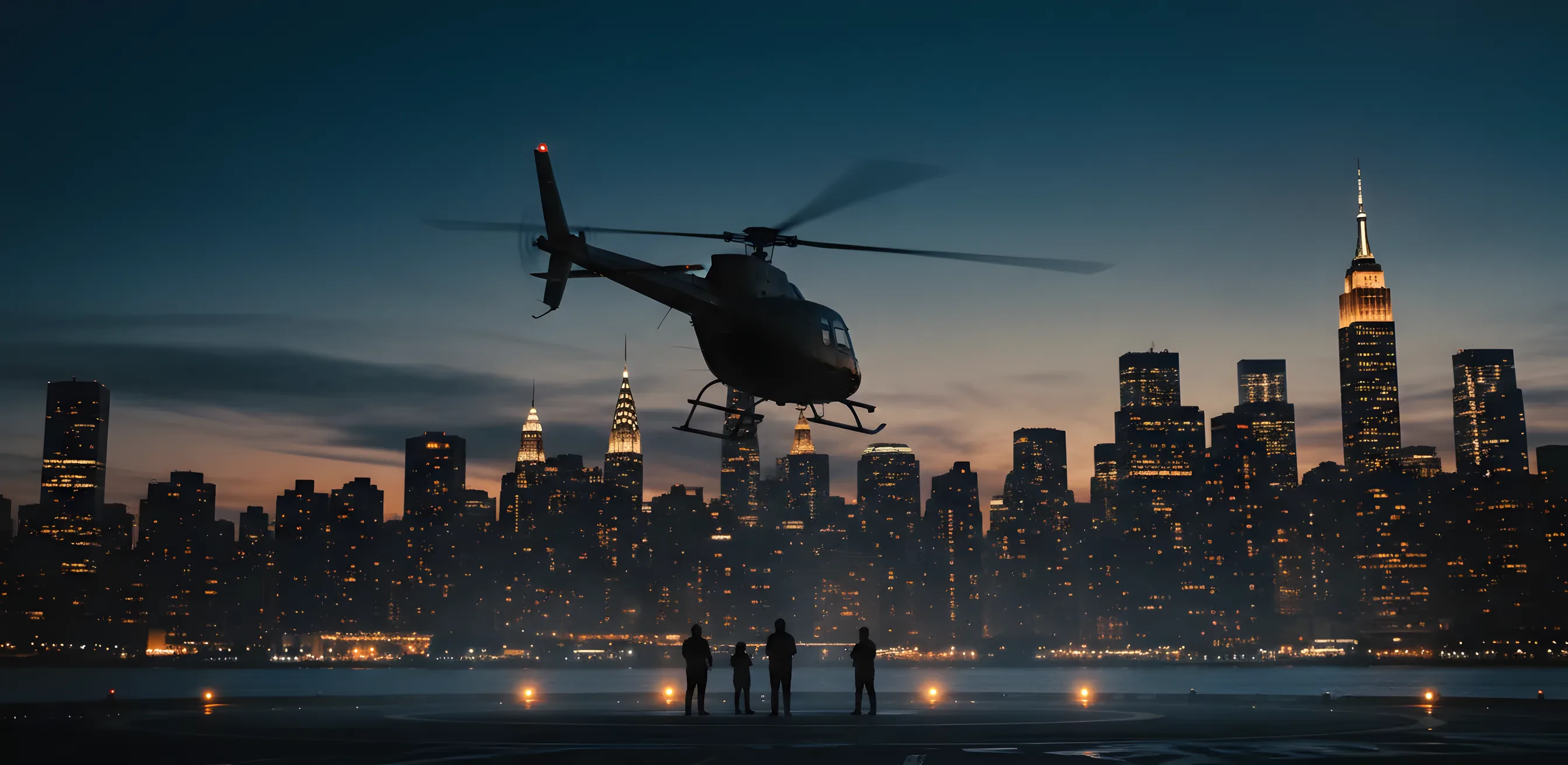 A helicopter takes off from a Manhattan heliport at dusk with the city skyline in the background.