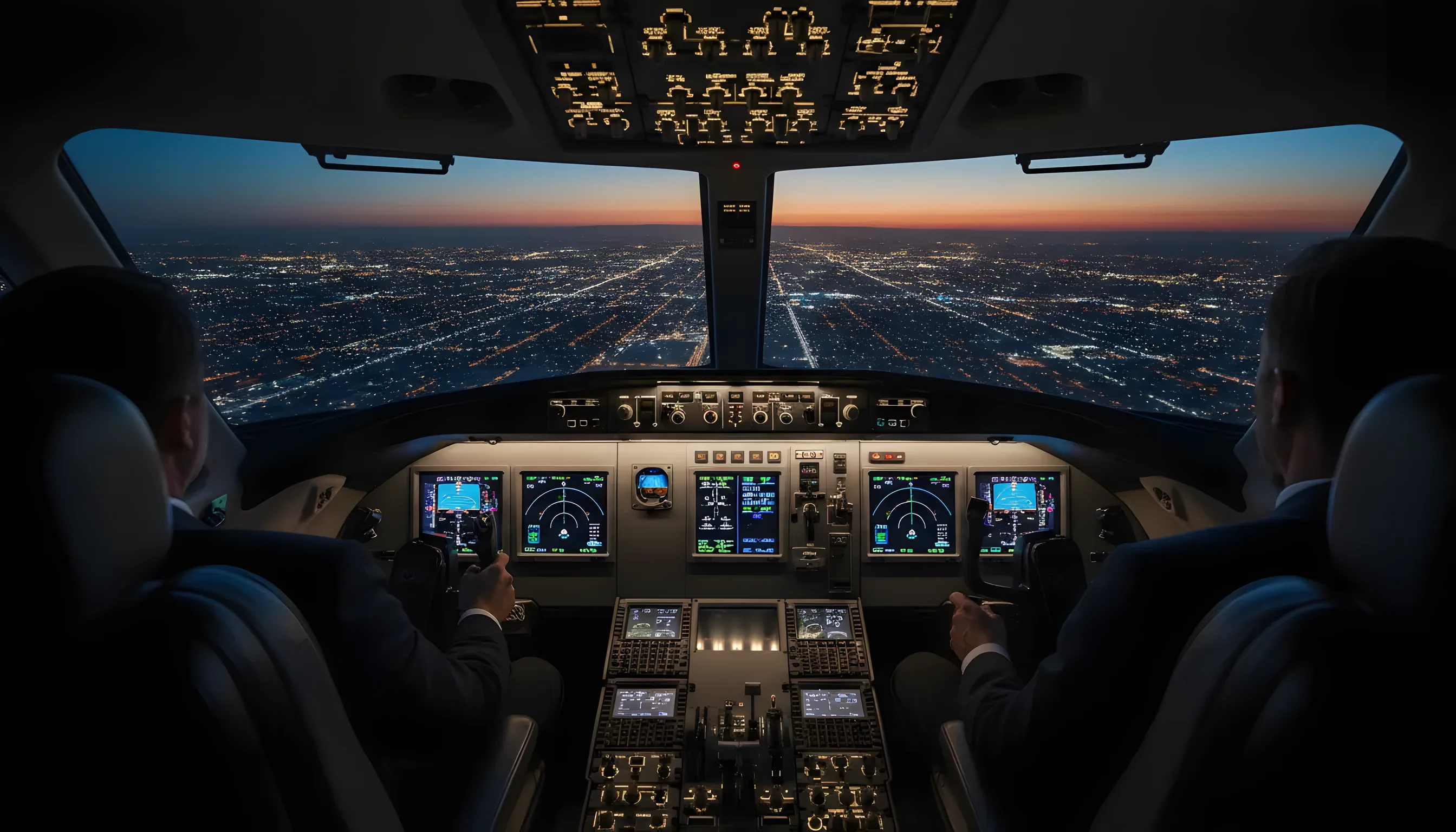 A pilot's view from a cockpit, flying over a glowing city grid at dusk.