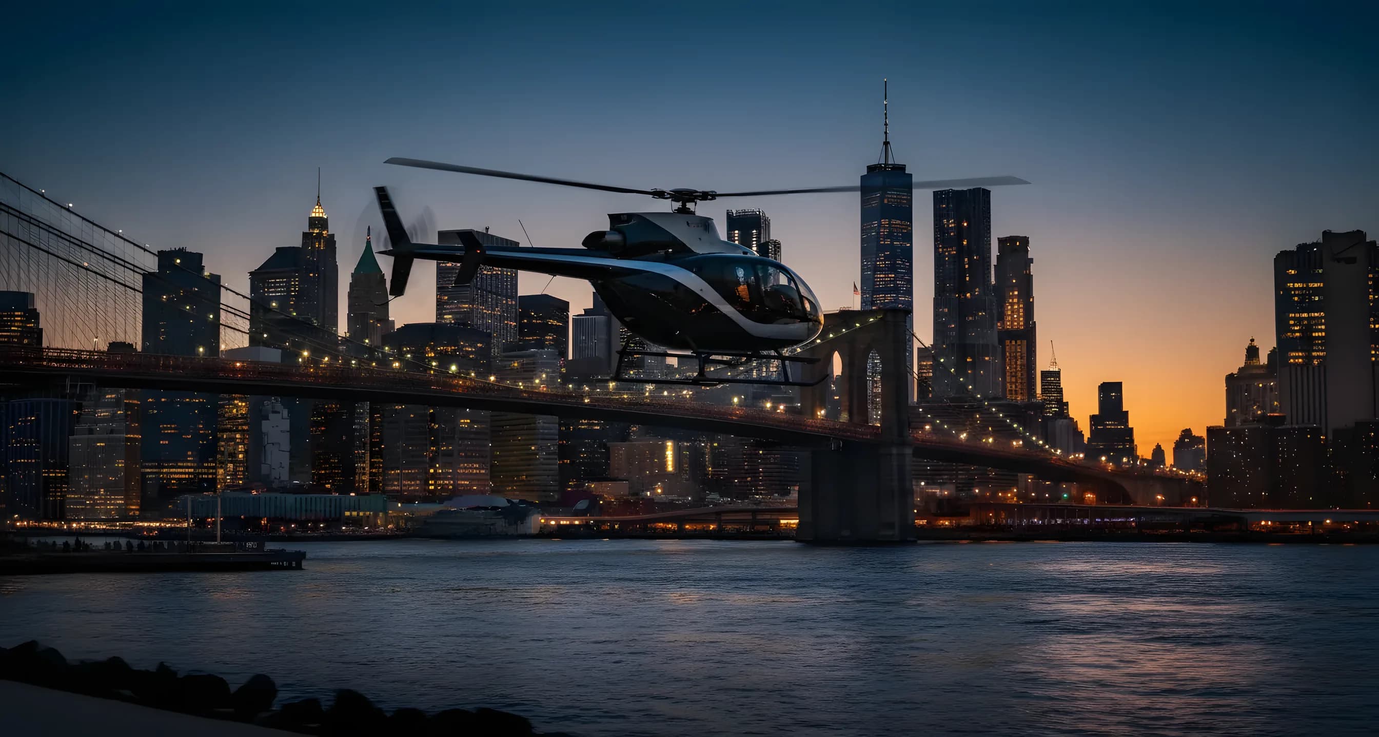 A helicopter flies over the East River with the Lower Manhattan skyline visible at dusk.