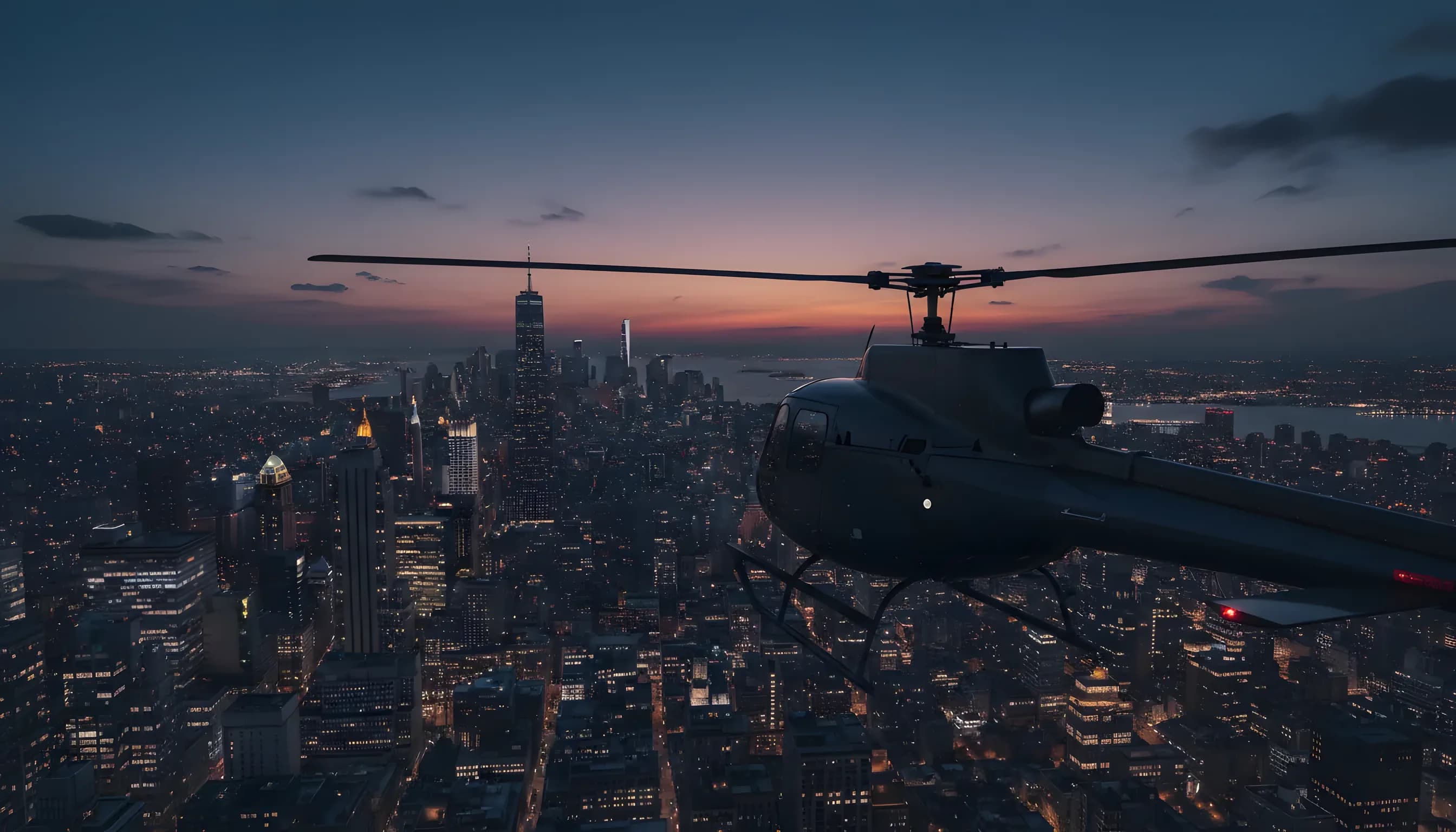 A helicopter flies over the Manhattan skyline at dusk, with city lights beginning to glow.