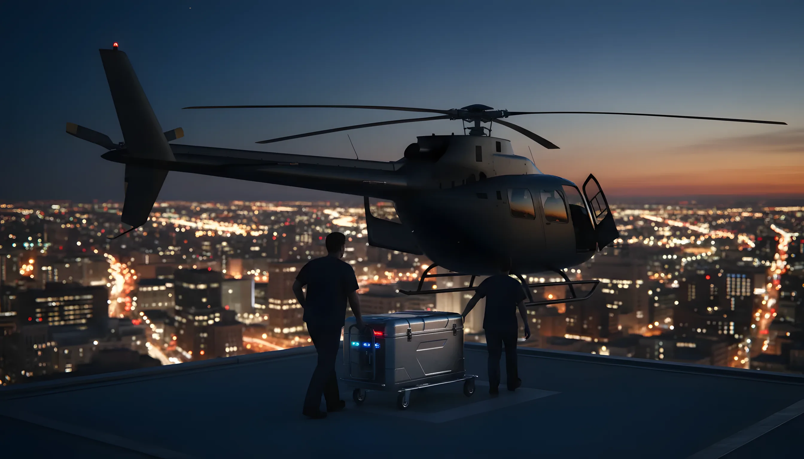Medical team loading an organ transport container onto a helicopter on a rooftop helipad at dusk.
