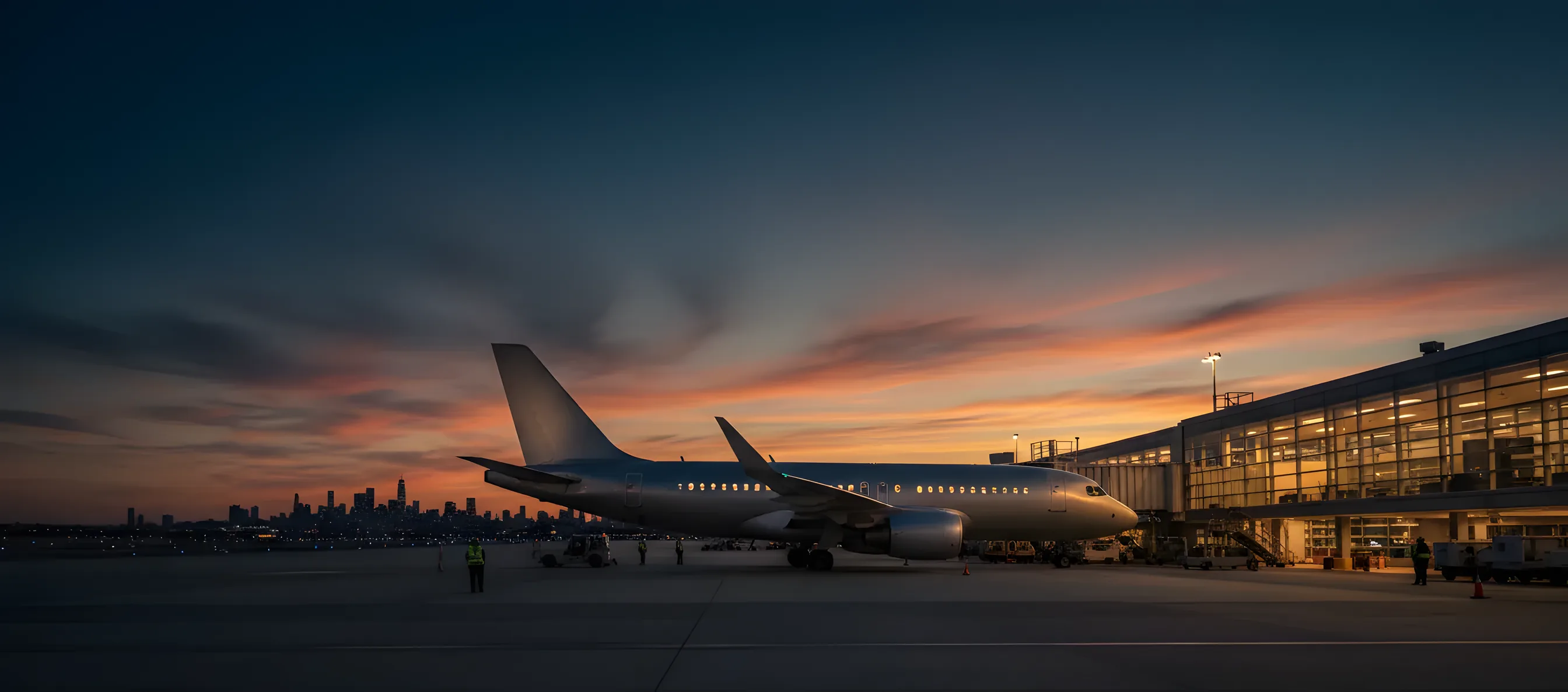 A passenger jet on the tarmac of an airport at dusk, with the lights of the terminal and a city skyline in the background.