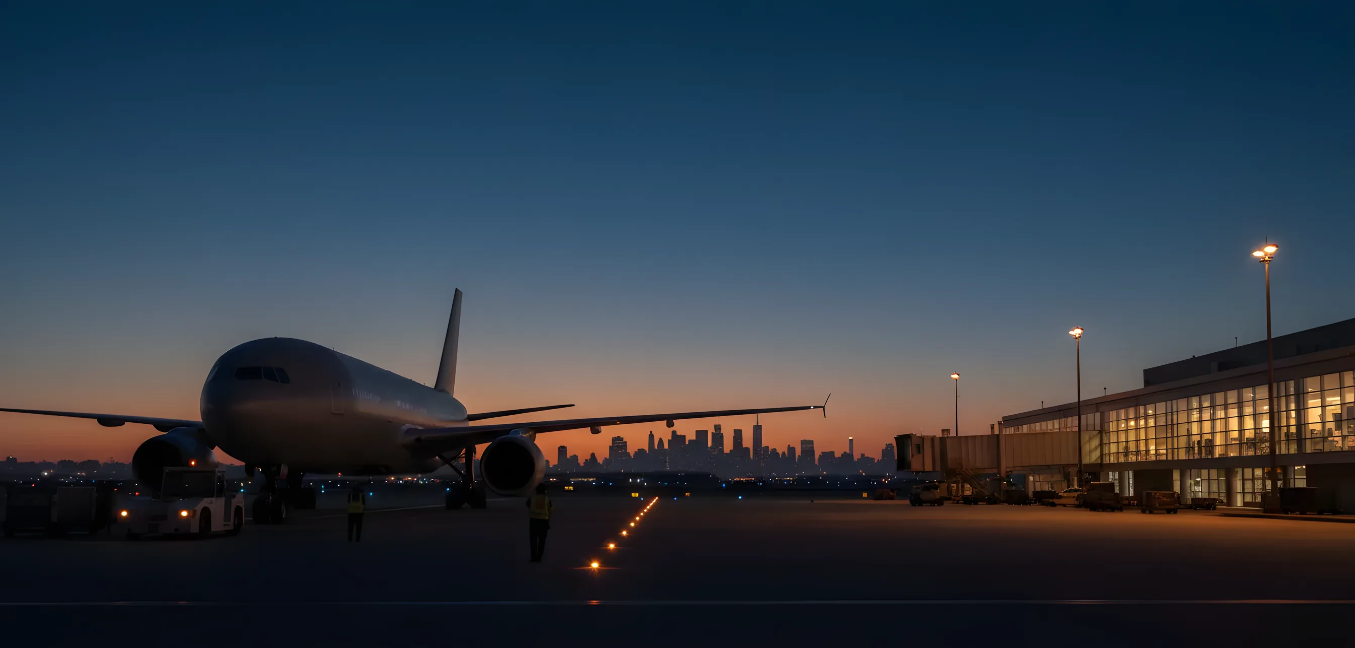 A passenger airplane at an airport terminal gate at dusk, with the New York City skyline in the distance.