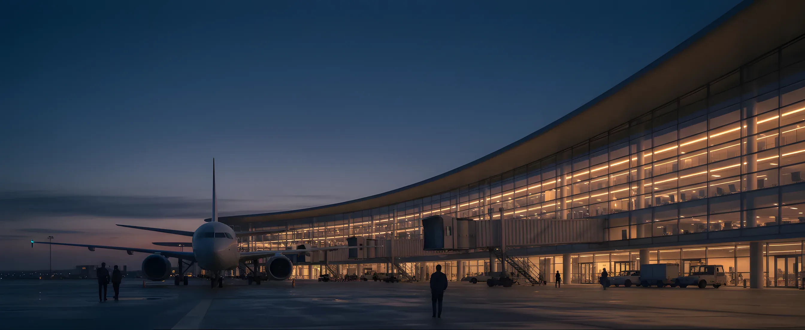 A passenger jet parked at a modern airport terminal gate at dusk, with the building's interior lights glowing.