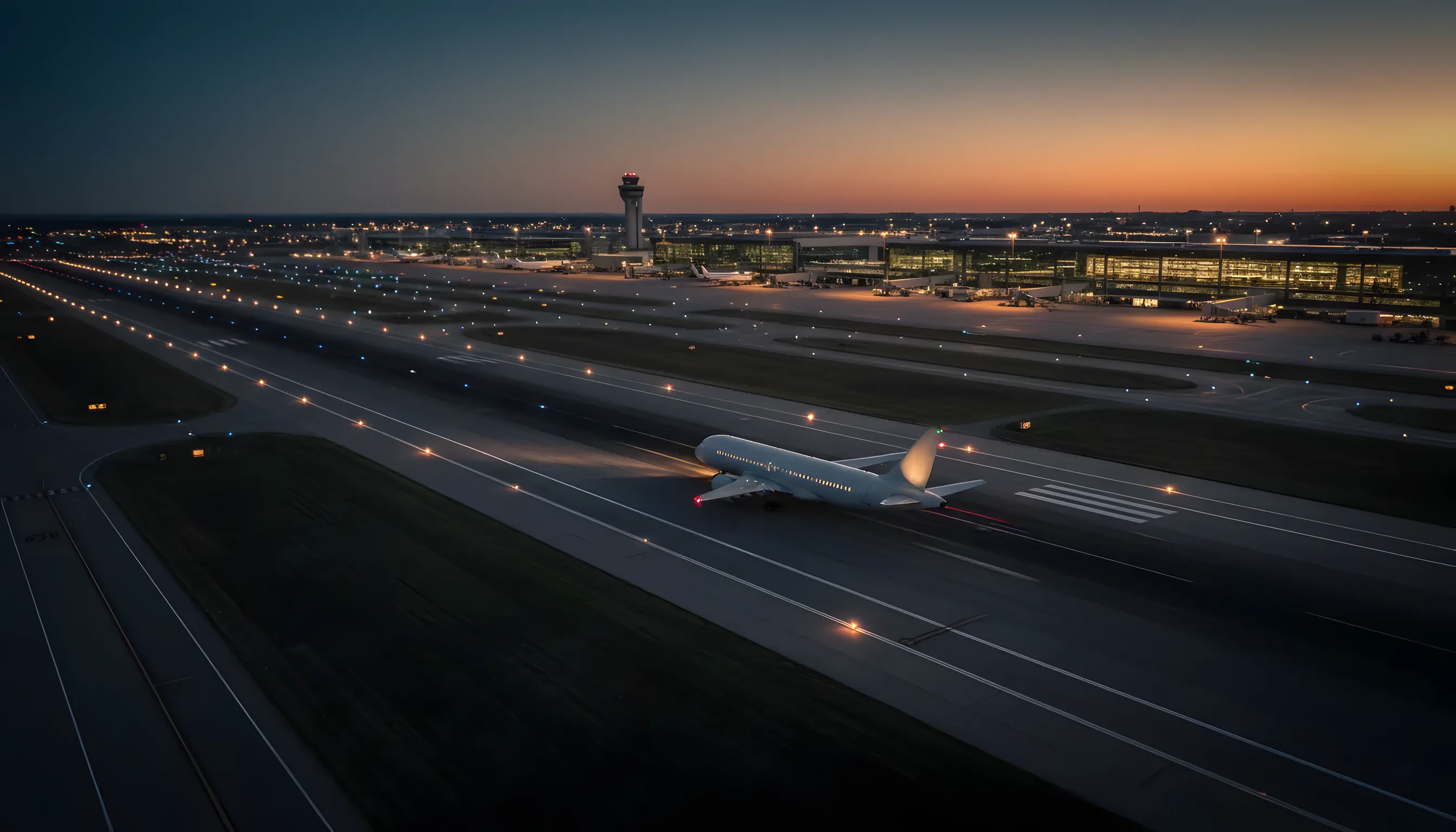 Wide aerial view of an airport at dusk, with glowing runways and a passenger jet on the tarmac.