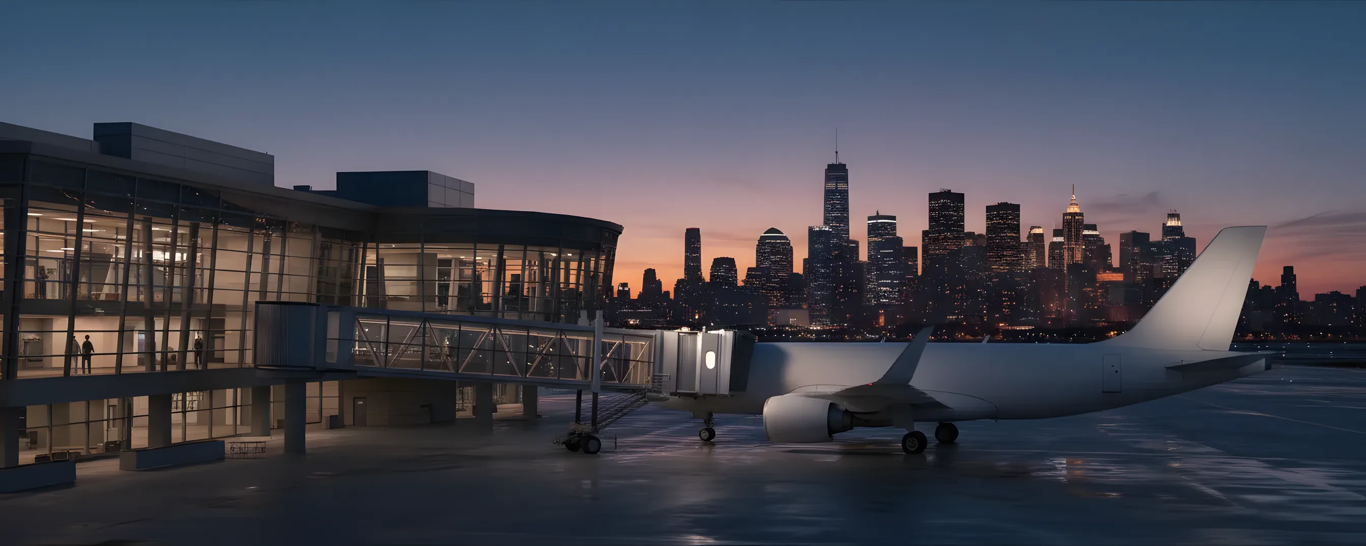A modern airport terminal and a passenger jet at a gate during twilight, with a city skyline in the background.