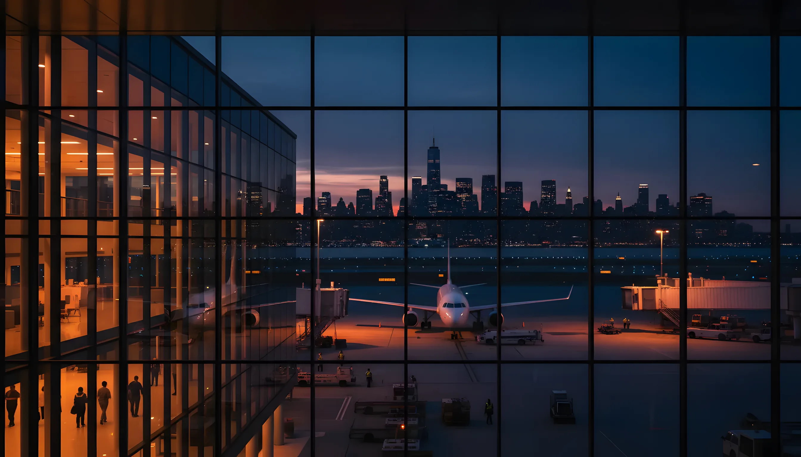A modern airport terminal and passenger jet on the tarmac at dusk, with a city skyline in the background.
