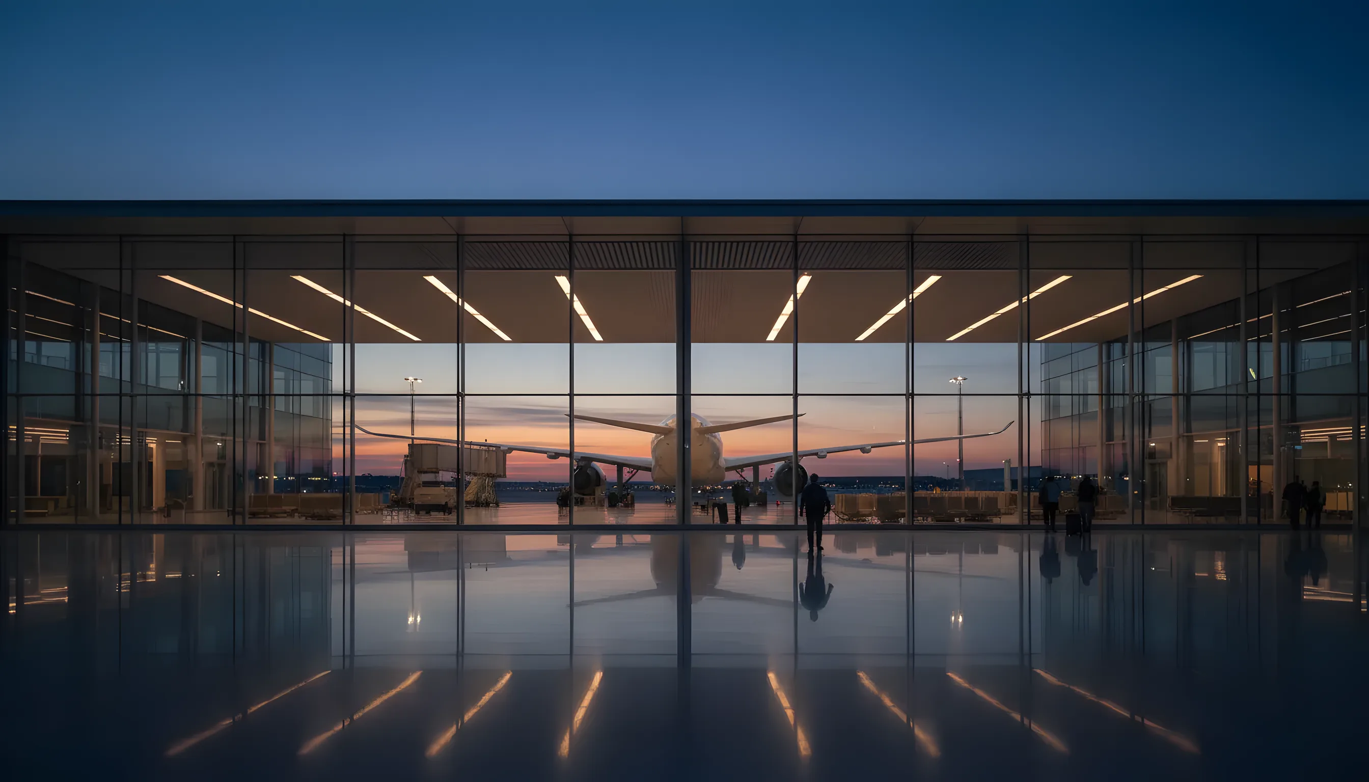 A modern glass airport terminal at dusk, with a large passenger jet visible at a gate.