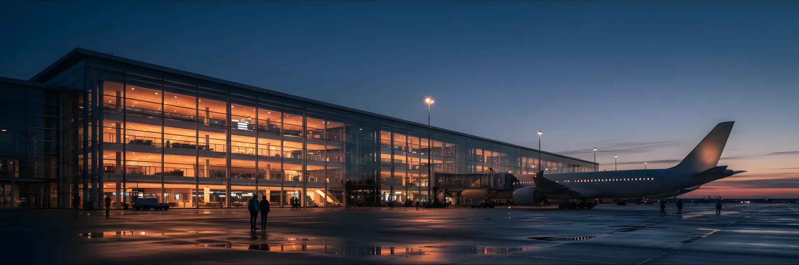 A large passenger jet parked at a modern airport terminal at dusk.