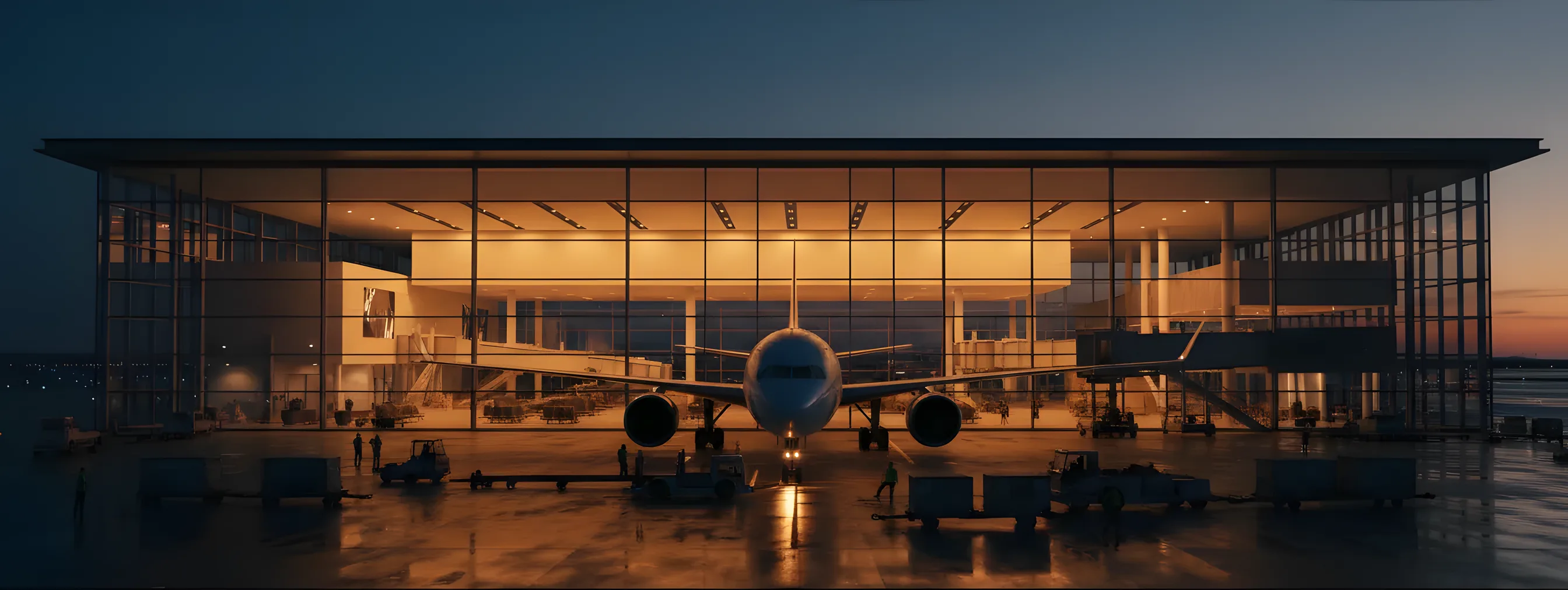A modern airport terminal at dusk with a large passenger jet visible through the glass walls.