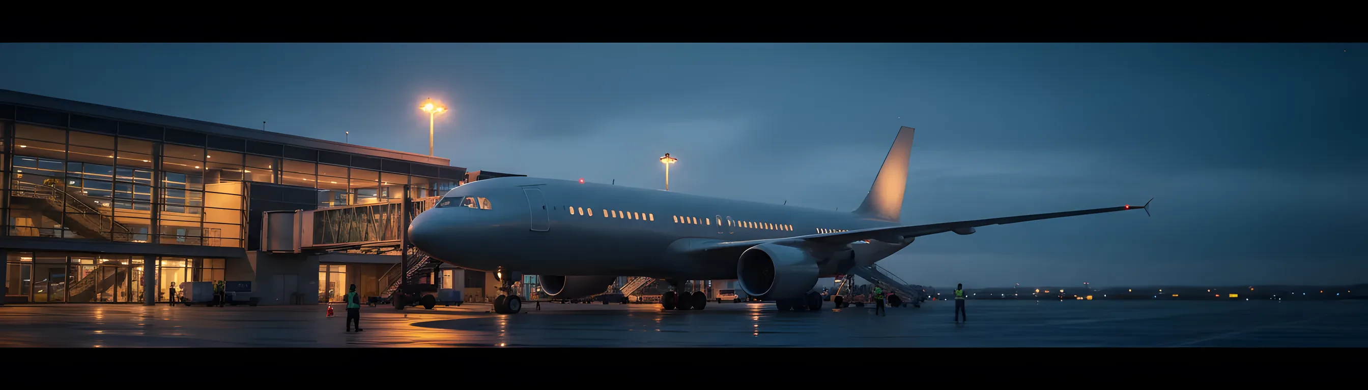 A passenger jet parked at an airport terminal gate at dusk.