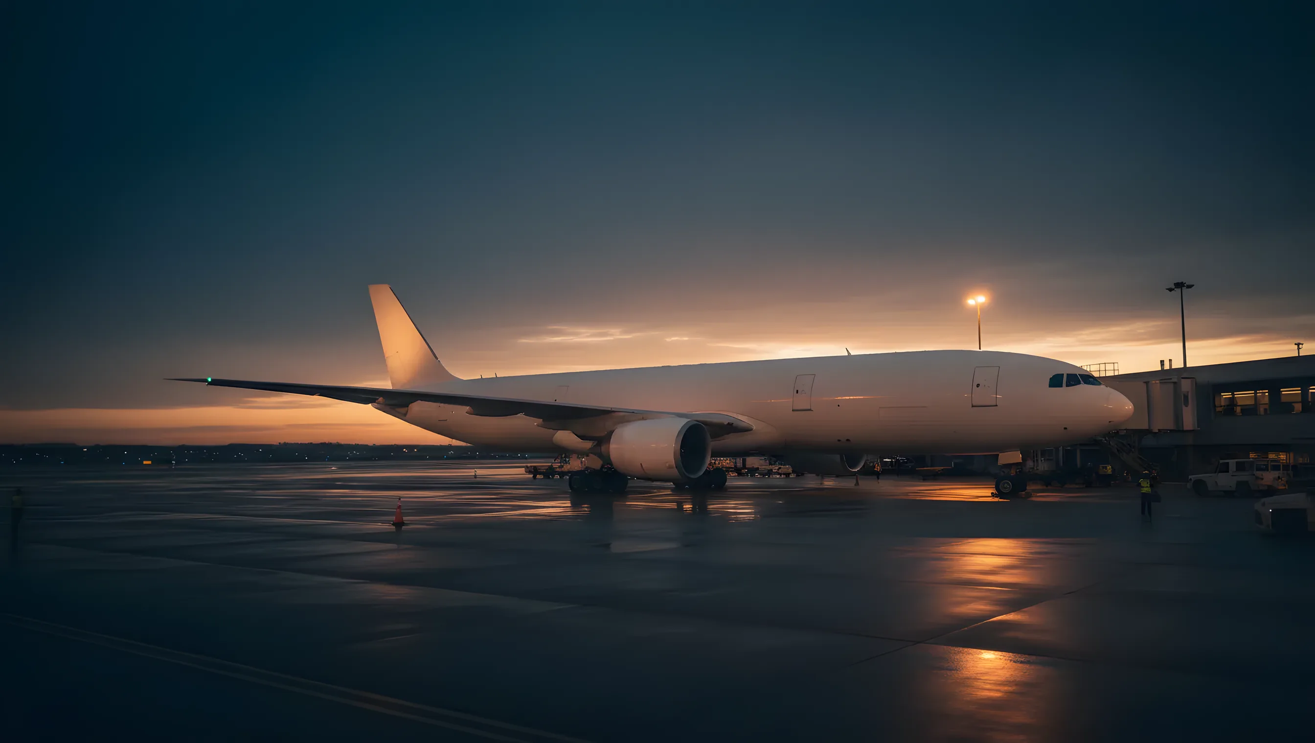 A plain white wide-body airliner at a JFK Airport gate in golden sunrise light.