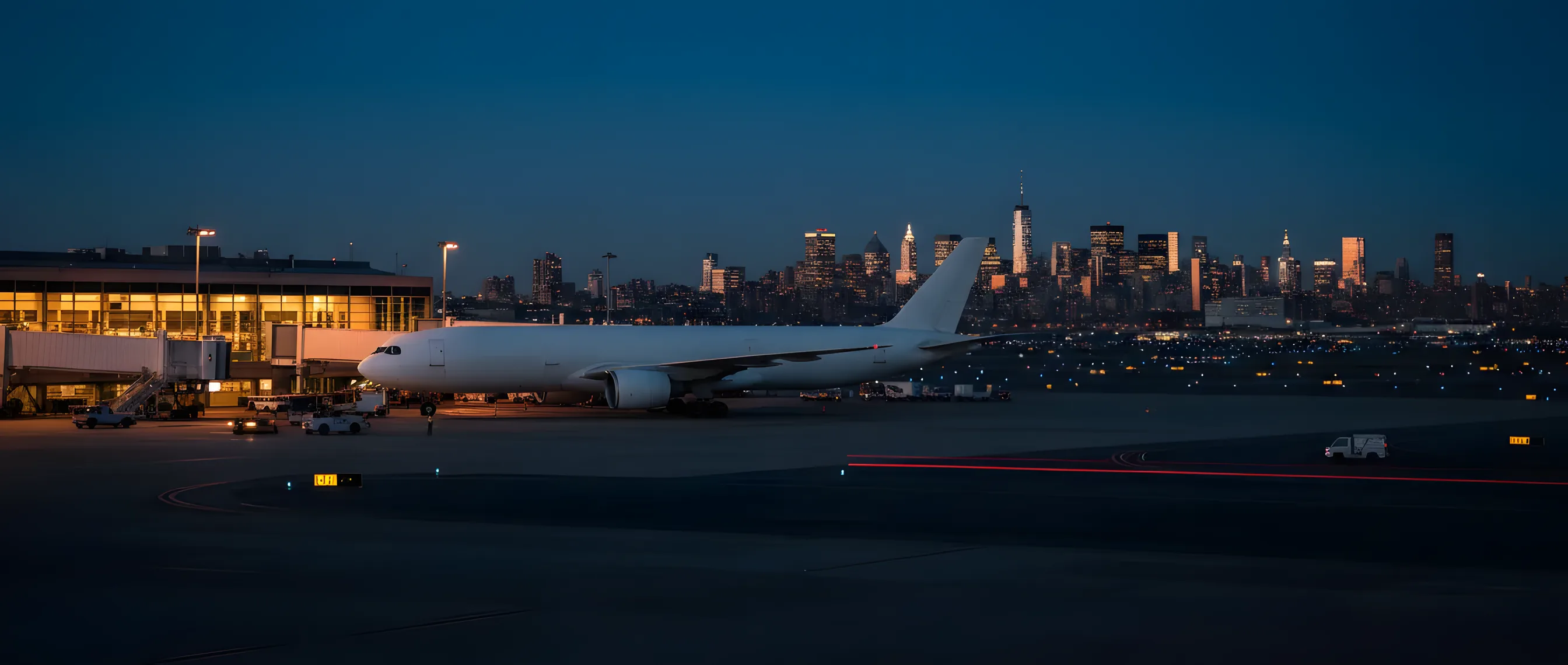 A large passenger jet parked at a modern airport terminal at dusk, with a city skyline in the distance.
