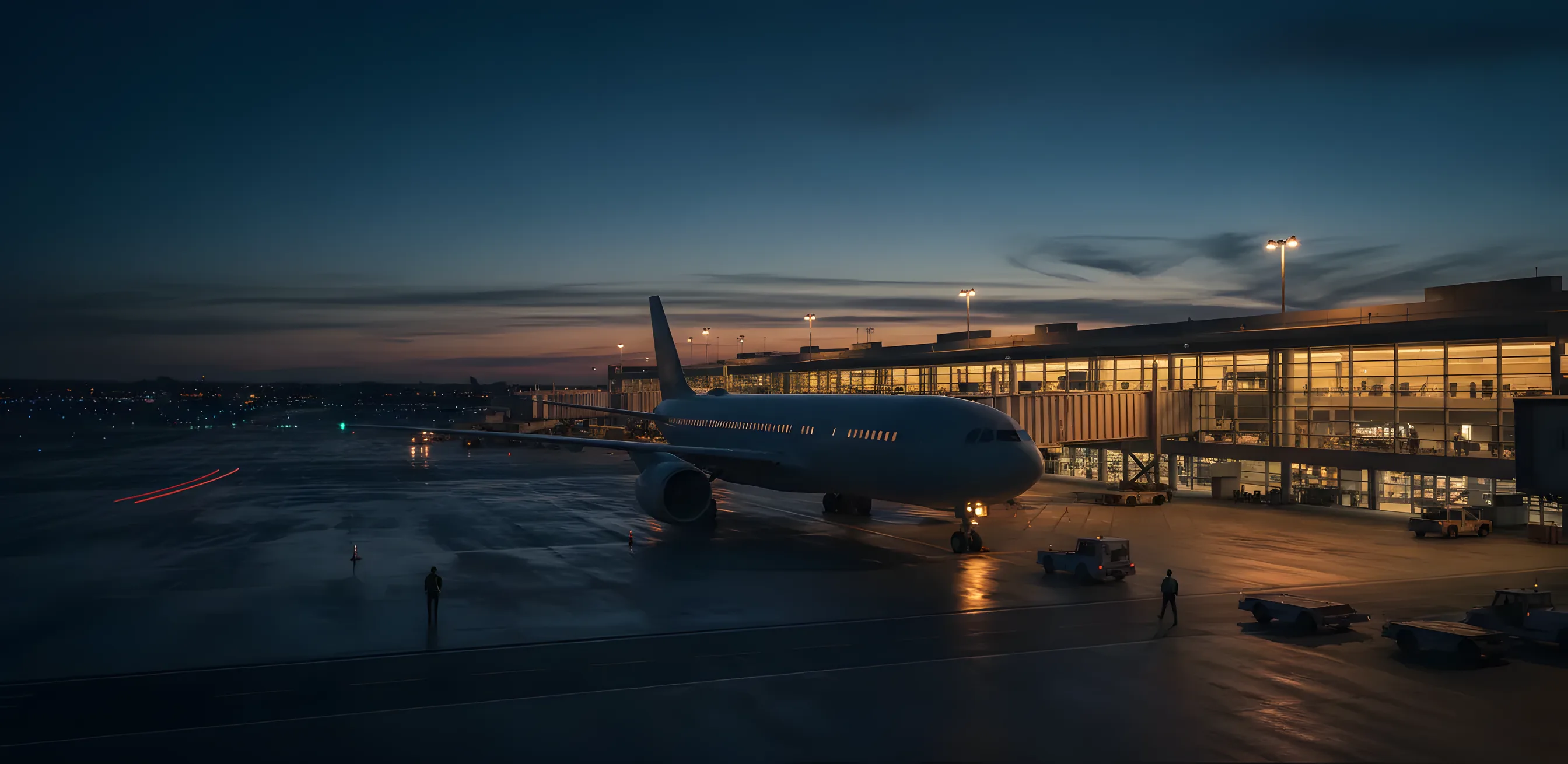 Wide-body airplane on the tarmac at JFK airport at dusk, with terminal lights glowing in the background.