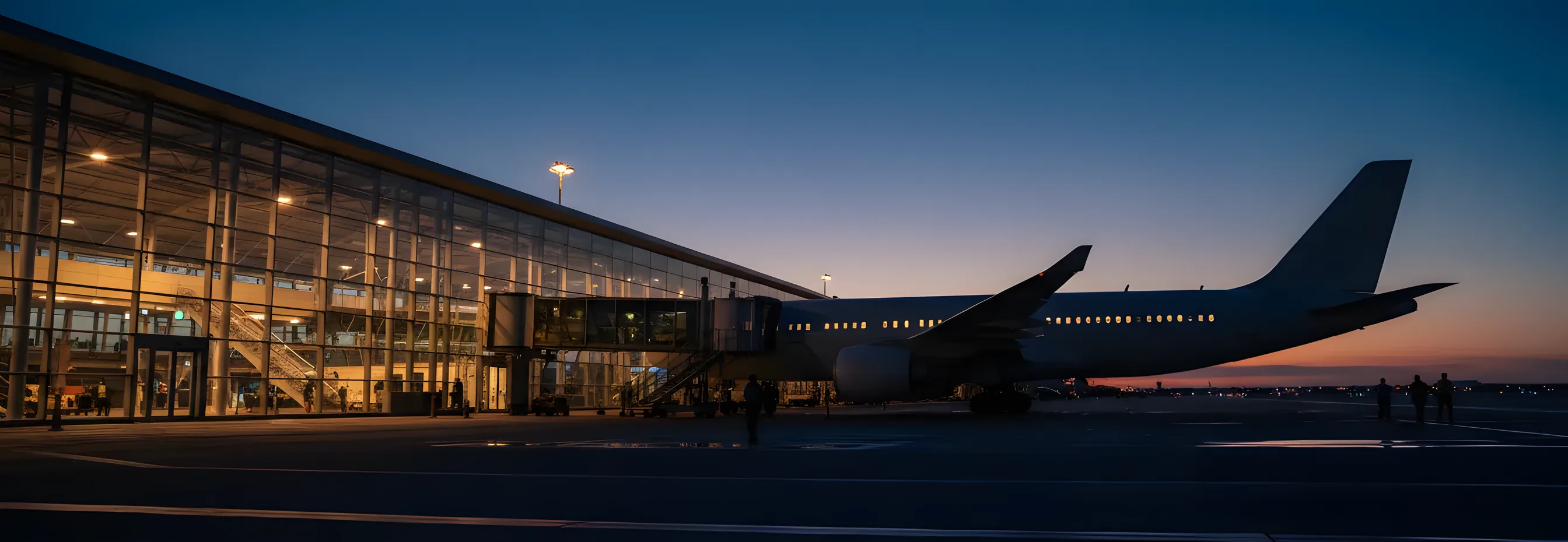 A passenger jet parked at a modern airport terminal gate at dusk.