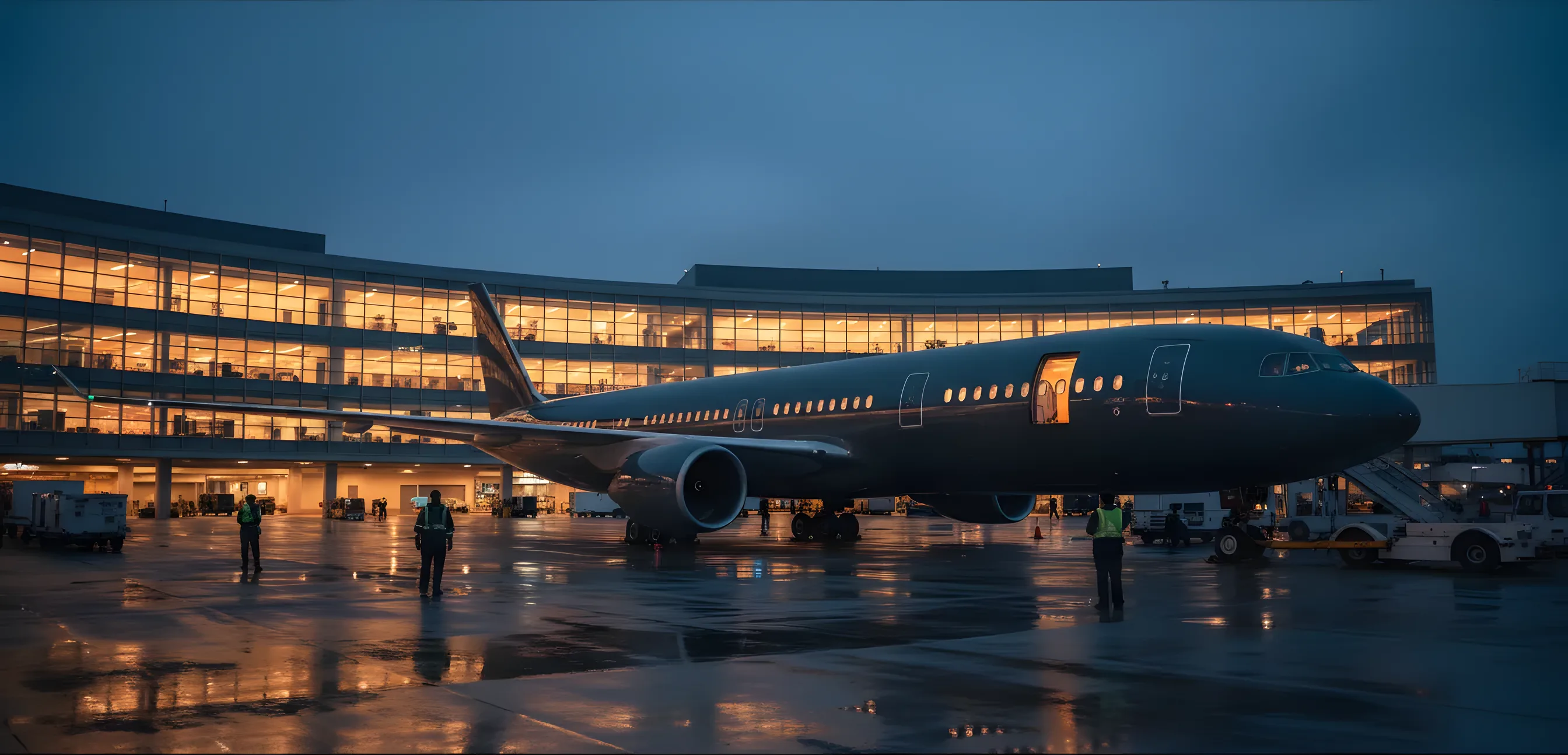 A passenger jet at an airport terminal gate at dusk, with lights glowing from the building and airplane.