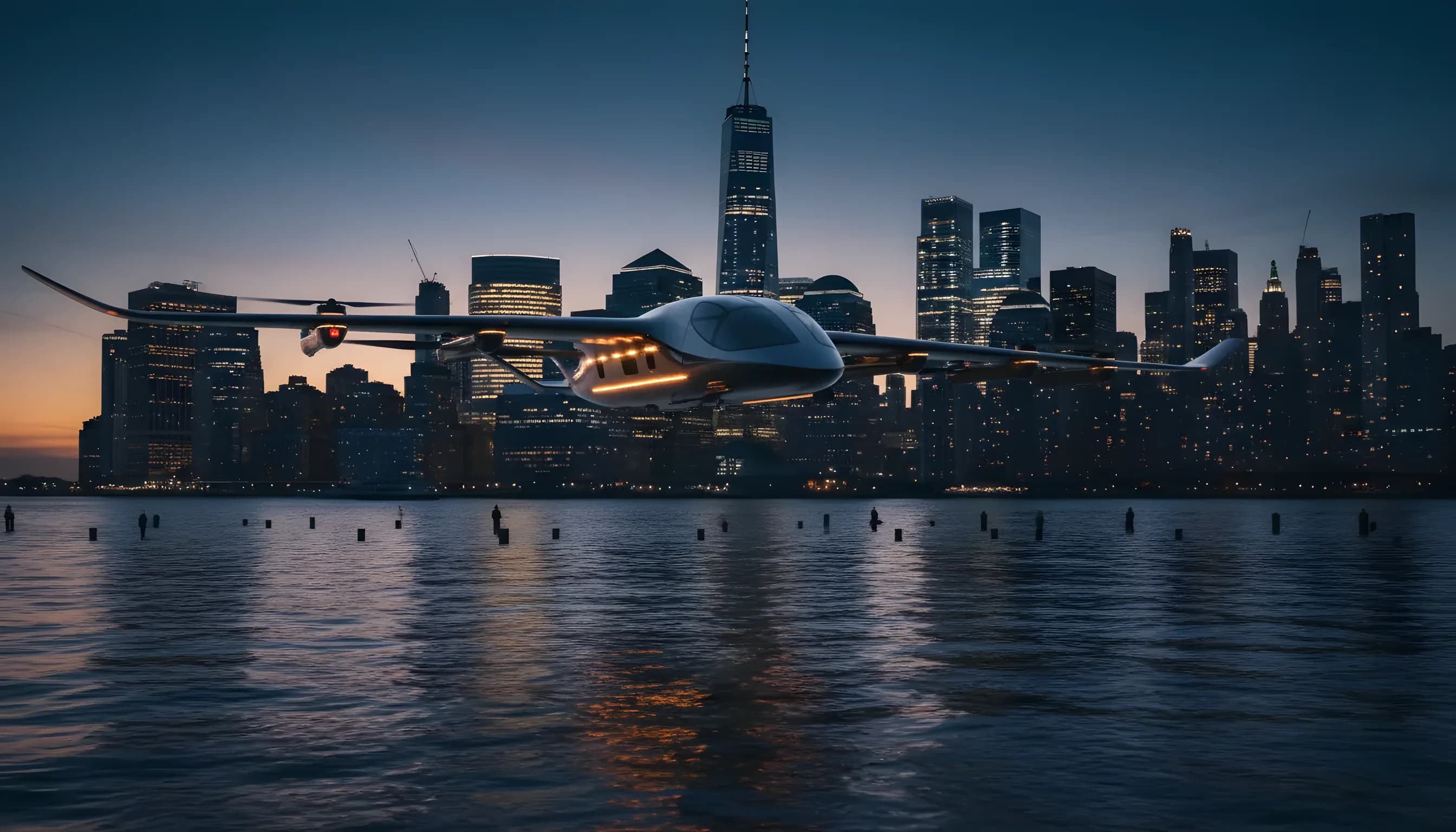 A futuristic electric aircraft flies over the Lower Manhattan skyline at dusk.