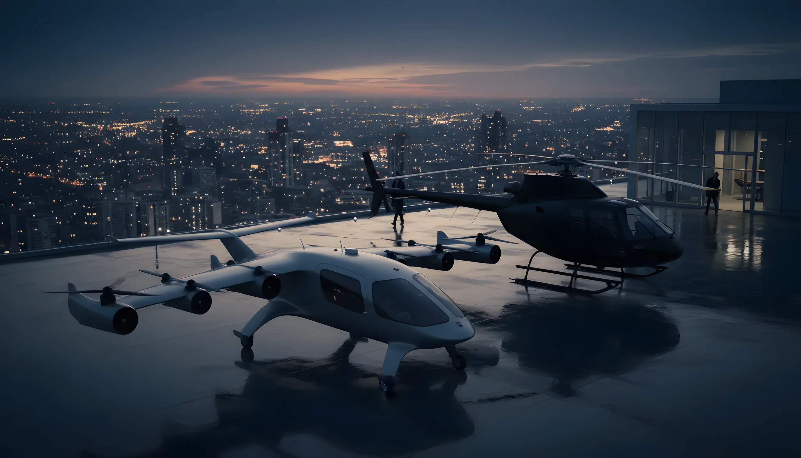 A futuristic air taxi and a modern helicopter parked on a city rooftop helipad at dusk.