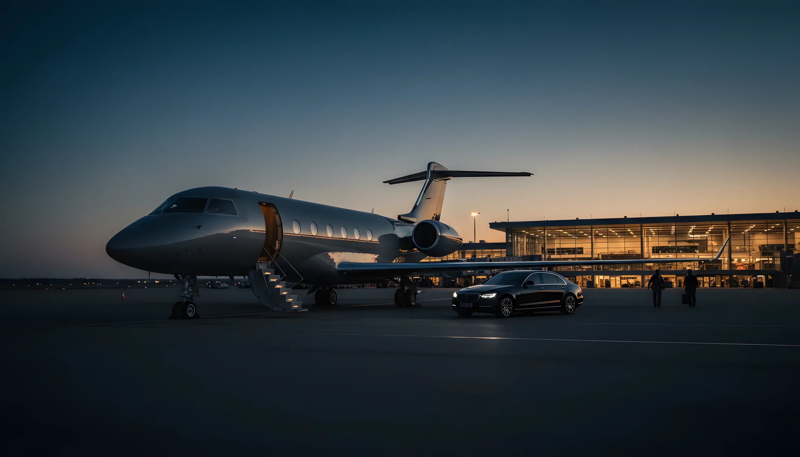 A large private jet on an airport tarmac at dusk, with a modern terminal glowing in the background.