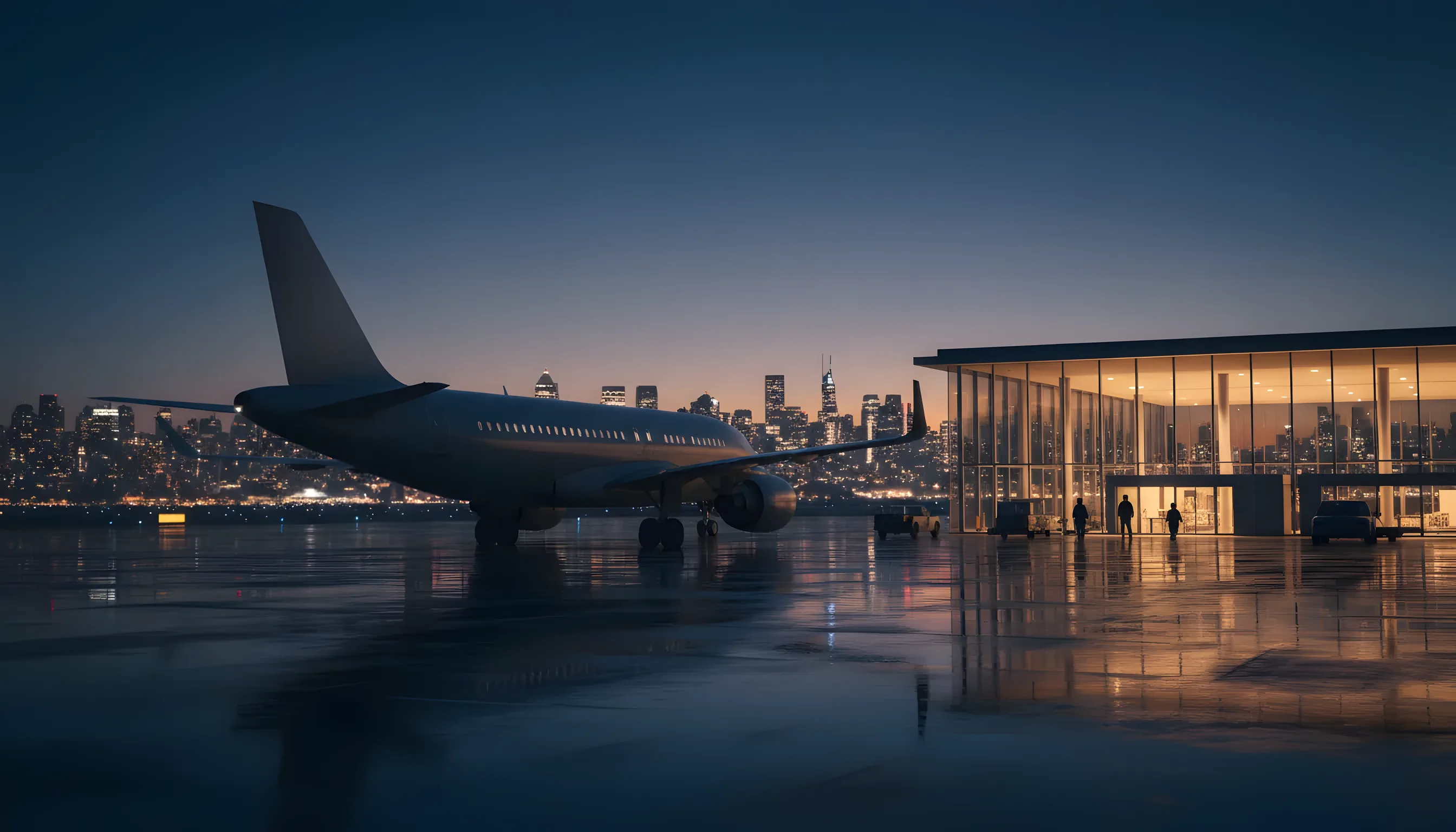 A large private jet on an airport tarmac at dusk, with a city skyline in the background.