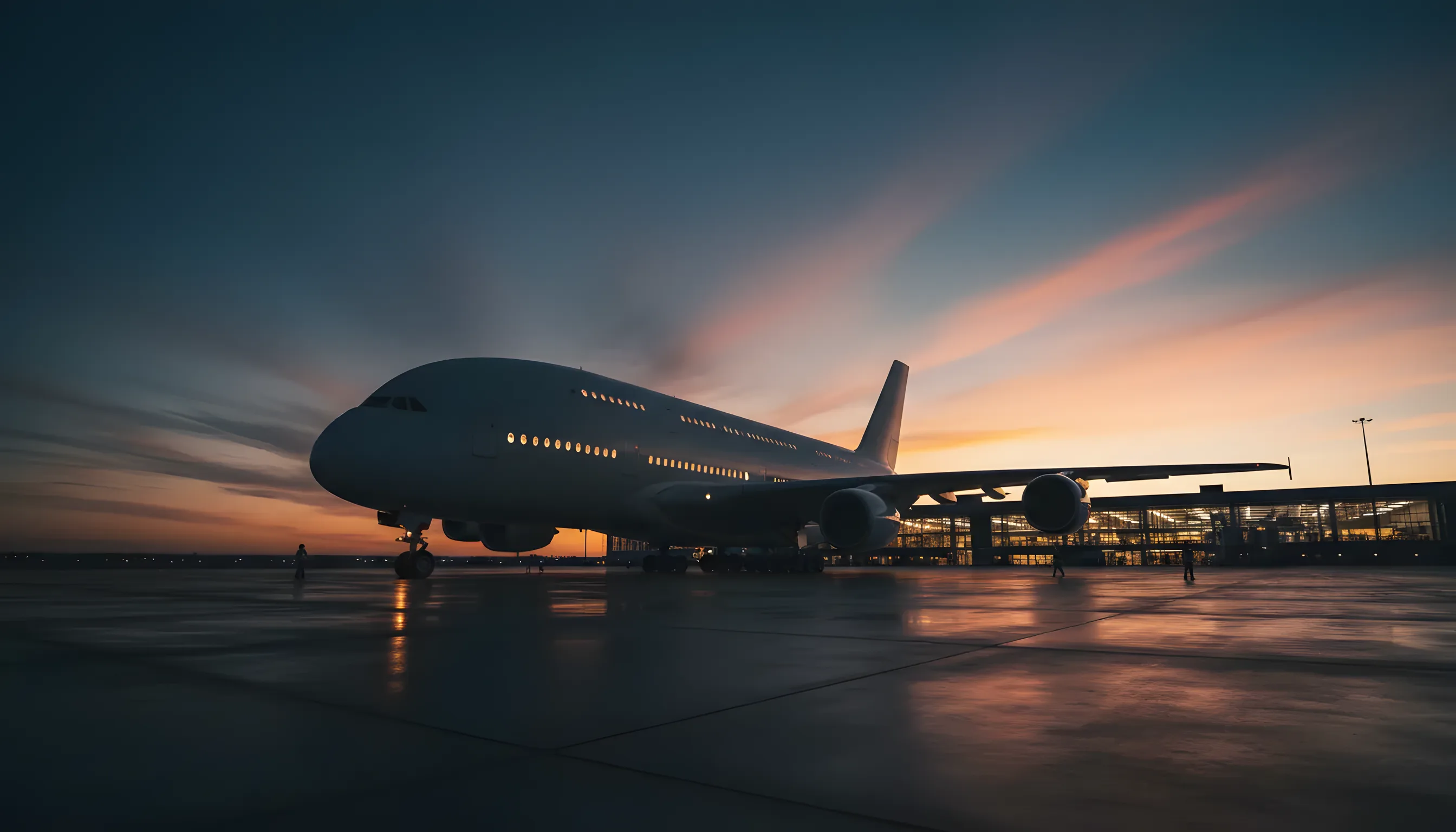 A huge, unmarked double-decker private jet on an airport tarmac at twilight.