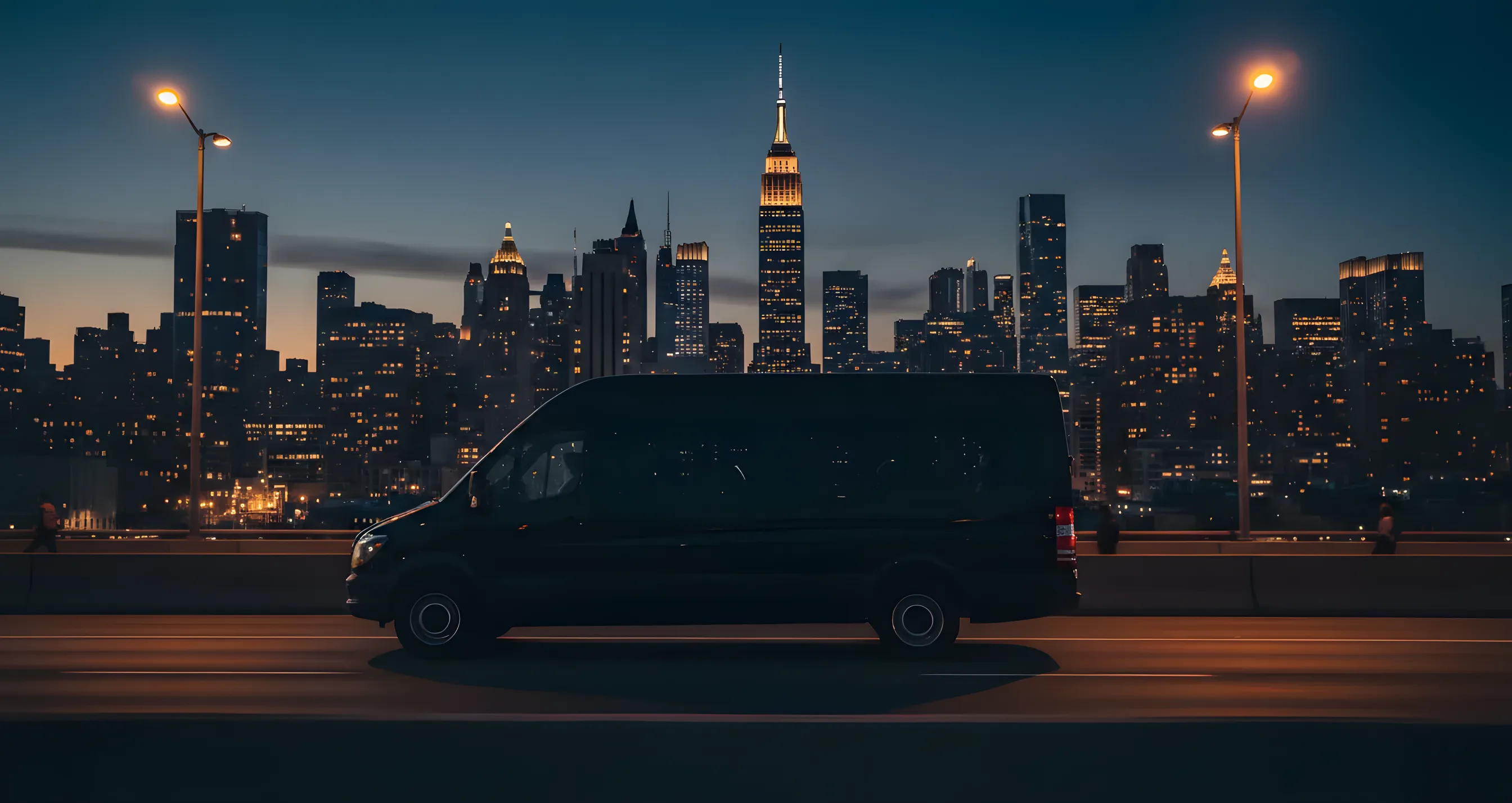 A black passenger van on a highway at blue hour heading toward the New York City skyline.