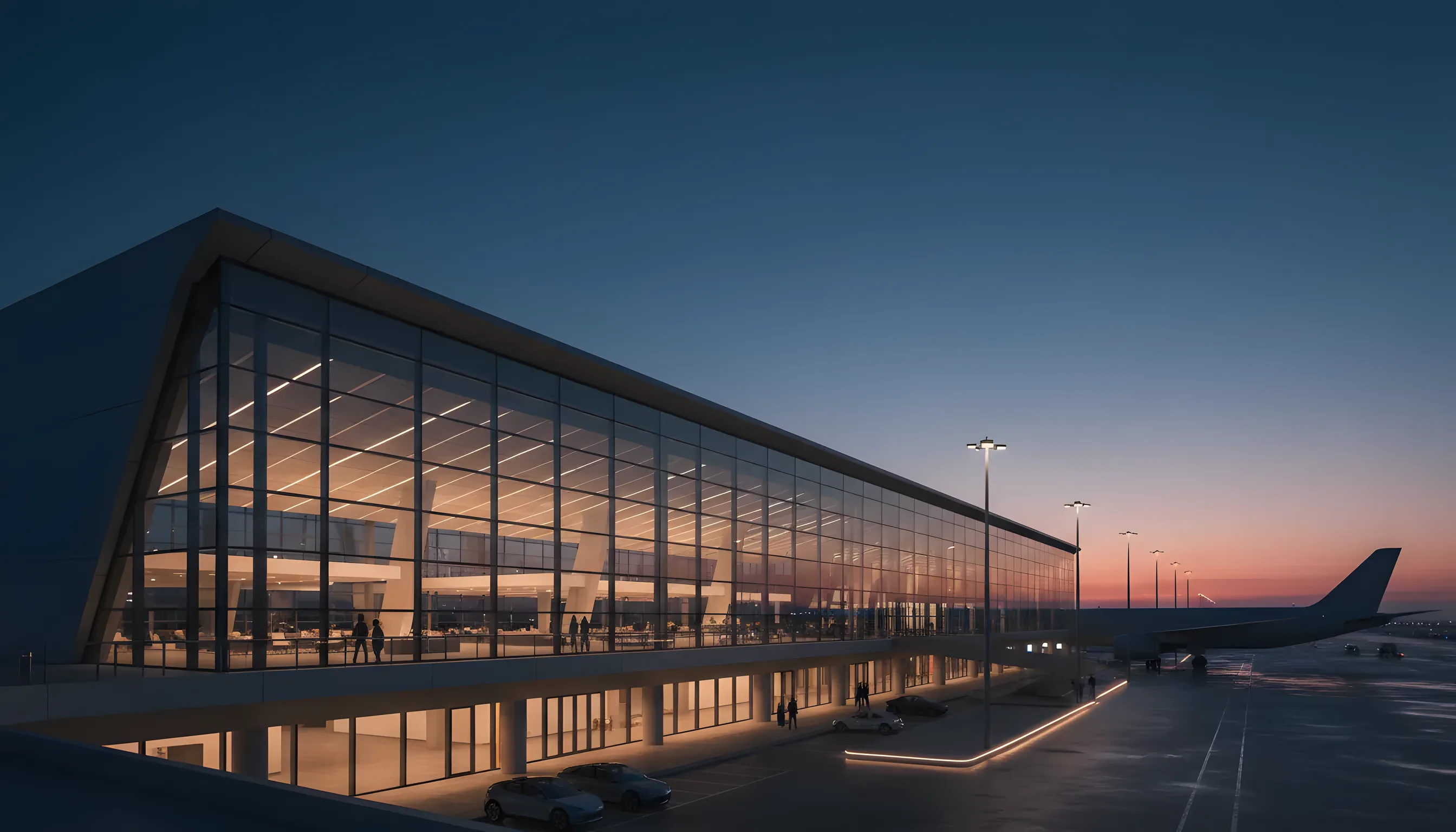 A modern glass airport terminal at dusk, with the silhouette of an airplane visible at a gate.