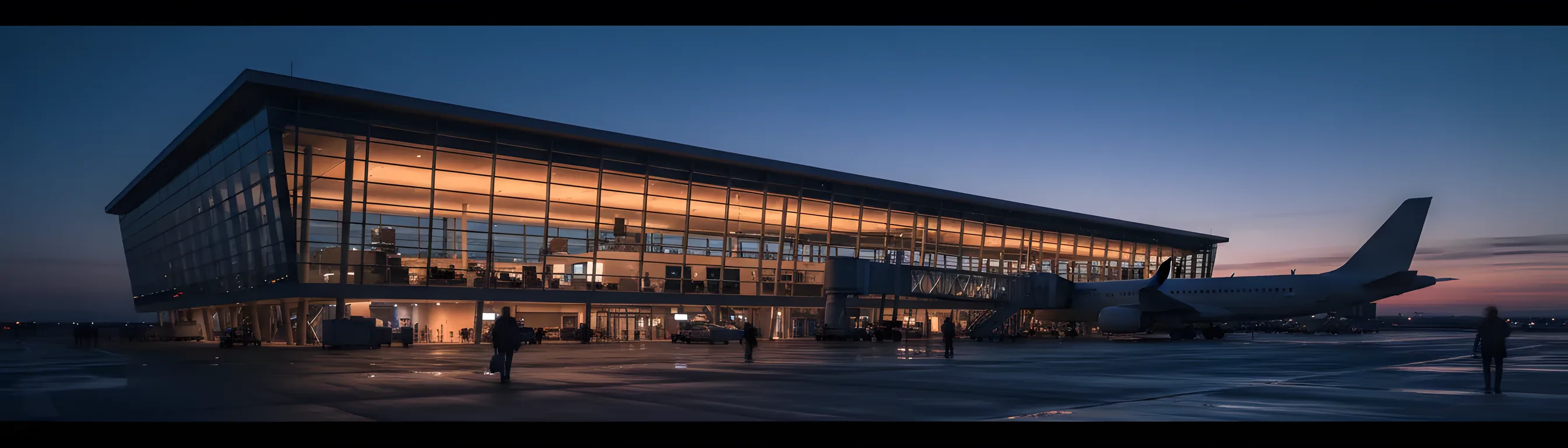 A modern airport terminal at dusk with a passenger jet parked at the gate.