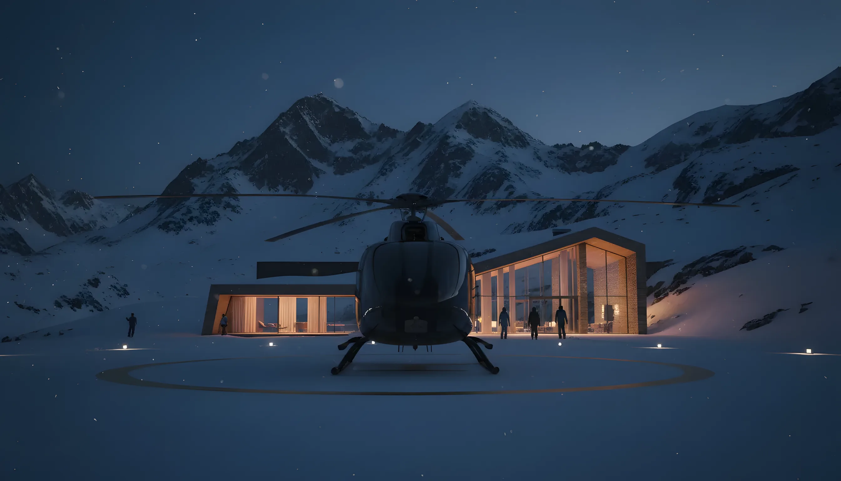 A helicopter on a snowy mountain helipad at twilight, with a glowing ski resort in the background.