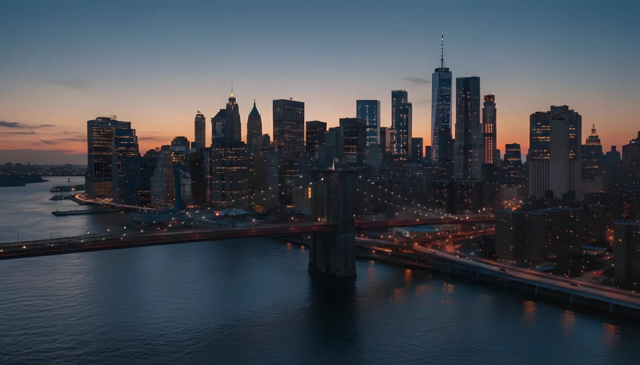 Aerial view of the Manhattan skyline and Brooklyn Bridge at dusk, with city lights beginning to illuminate the buildings.