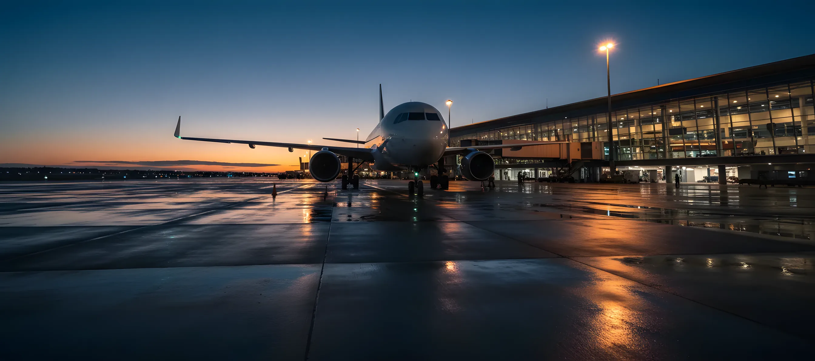 A passenger airplane parked at a modern airport terminal gate at dusk.