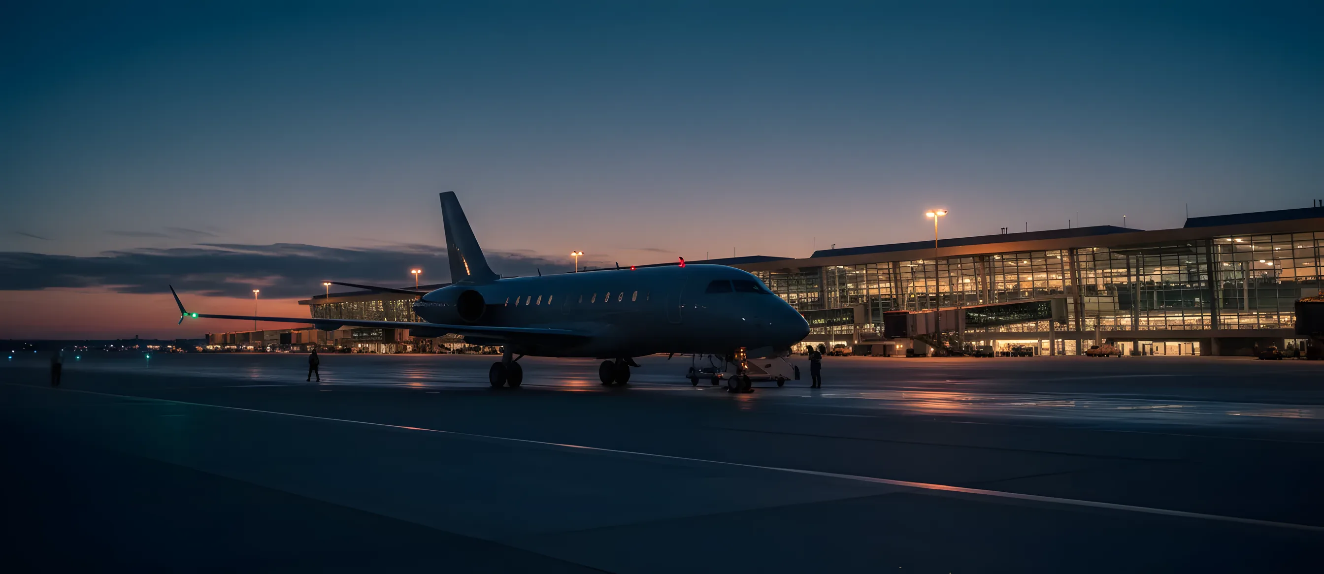 A modern jet on an airport tarmac at dusk, with a warmly lit terminal in the background.