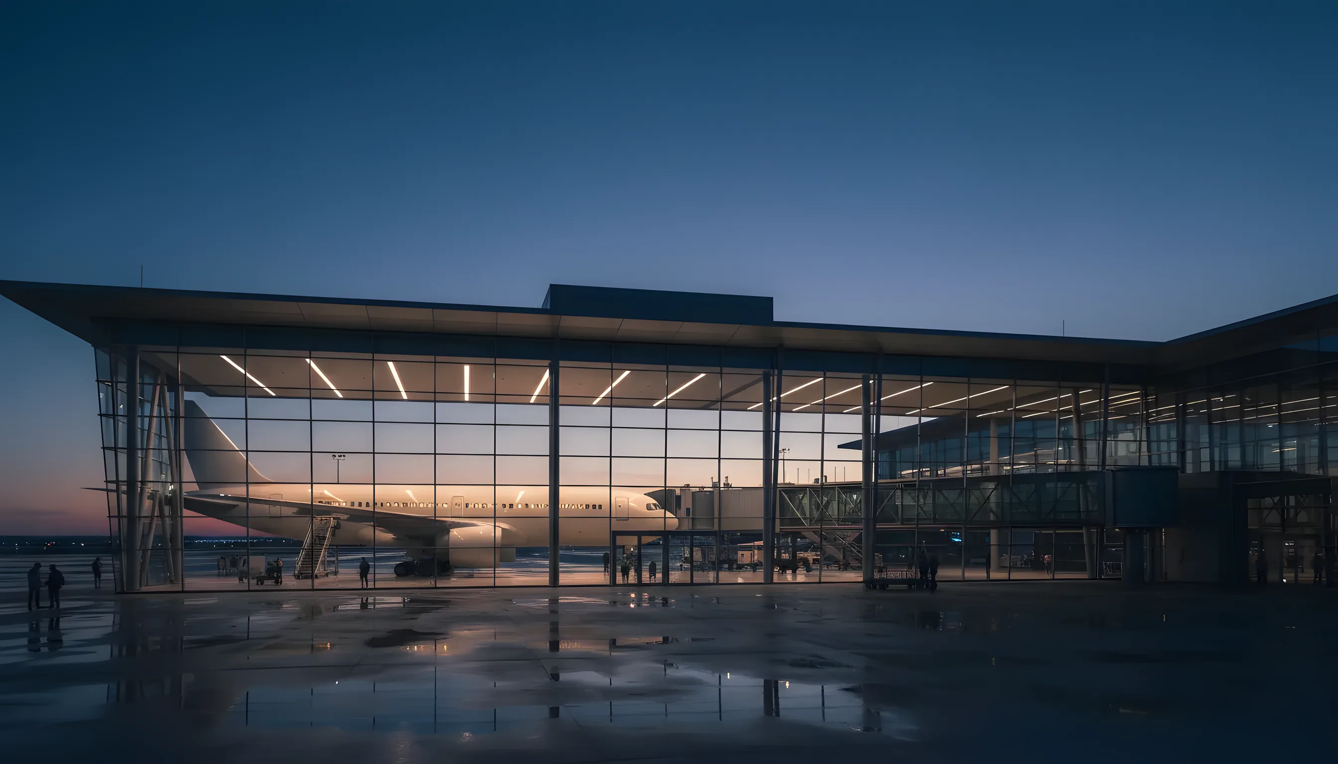 A modern airport terminal at dusk with a large passenger jet parked at the gate.