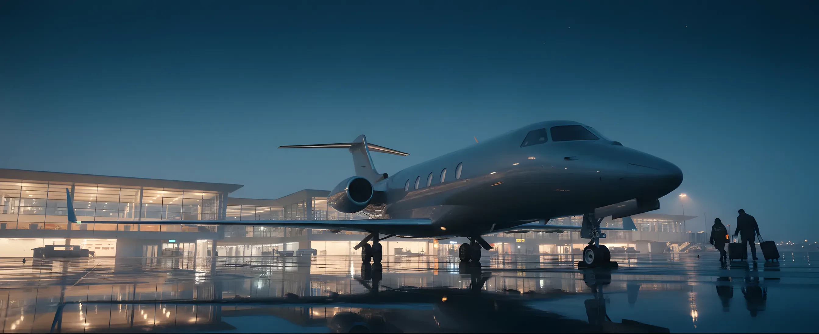 A private jet sits on a wet airfield at dusk, reflecting the warm lights of a modern terminal.