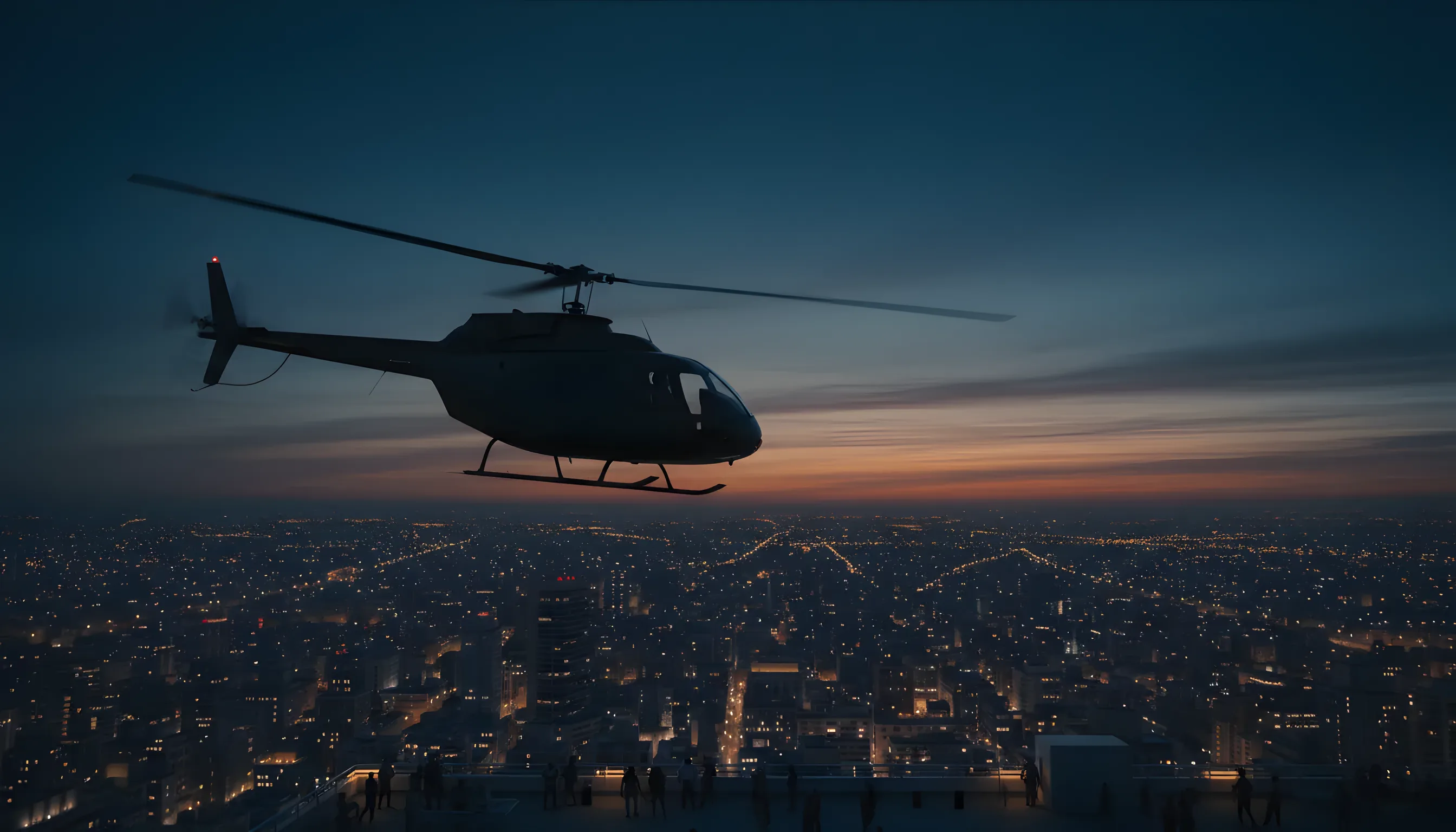 A helicopter flies over a brightly lit city skyline at dusk.