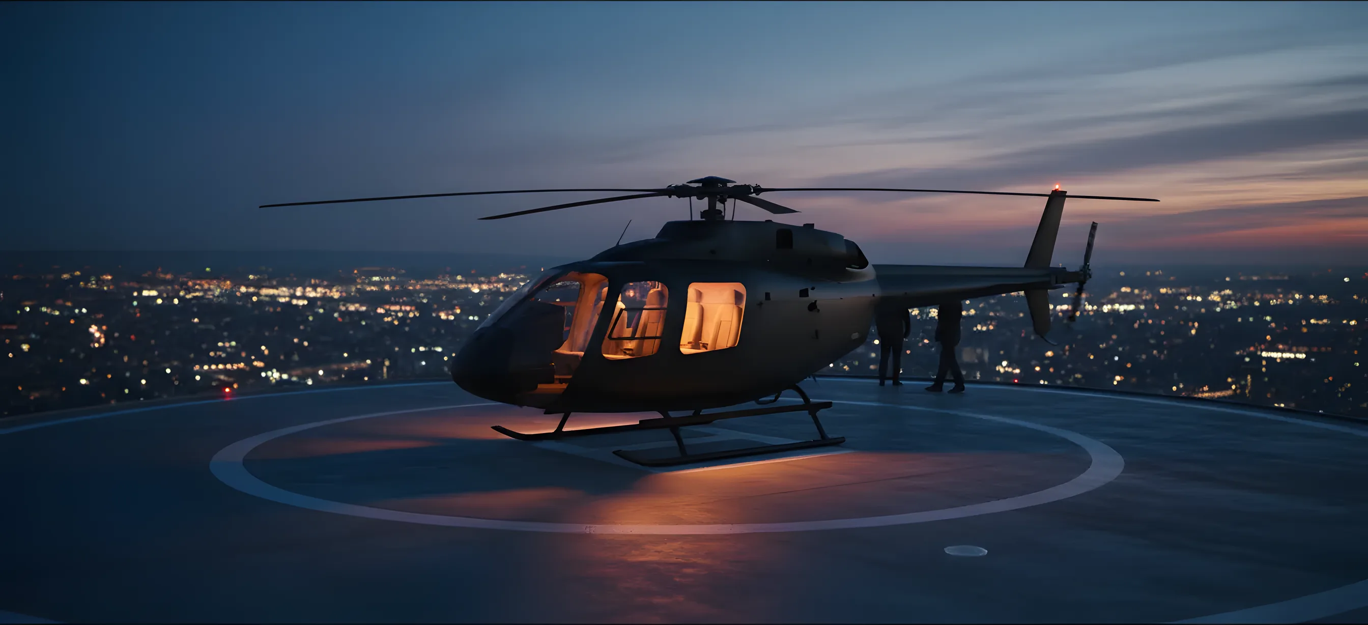 A helicopter on a rooftop helipad at dusk, with a glowing city skyline in the background.