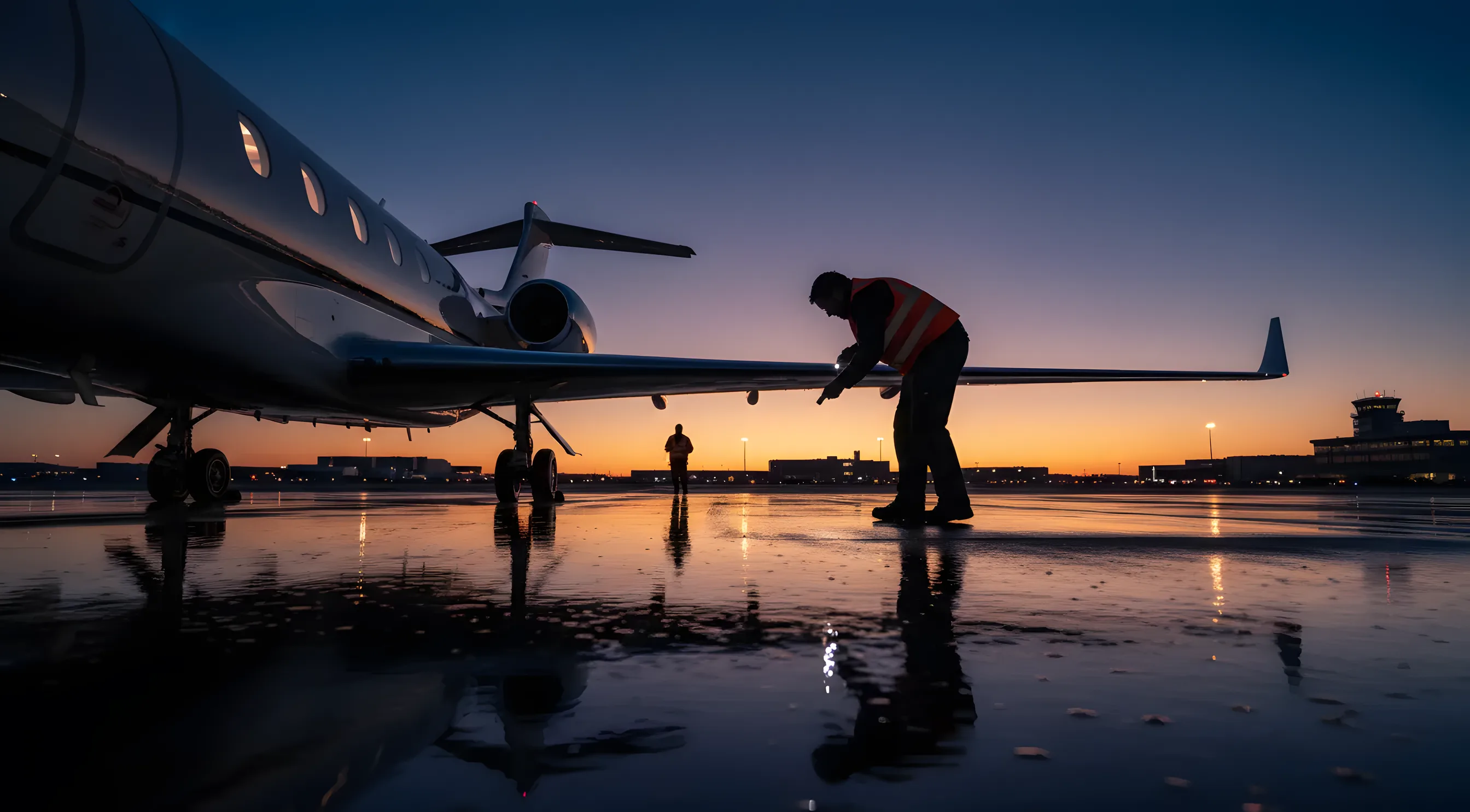 A private jet being prepared on an airport tarmac at dusk, with reflections of warm lights on the wet ground.