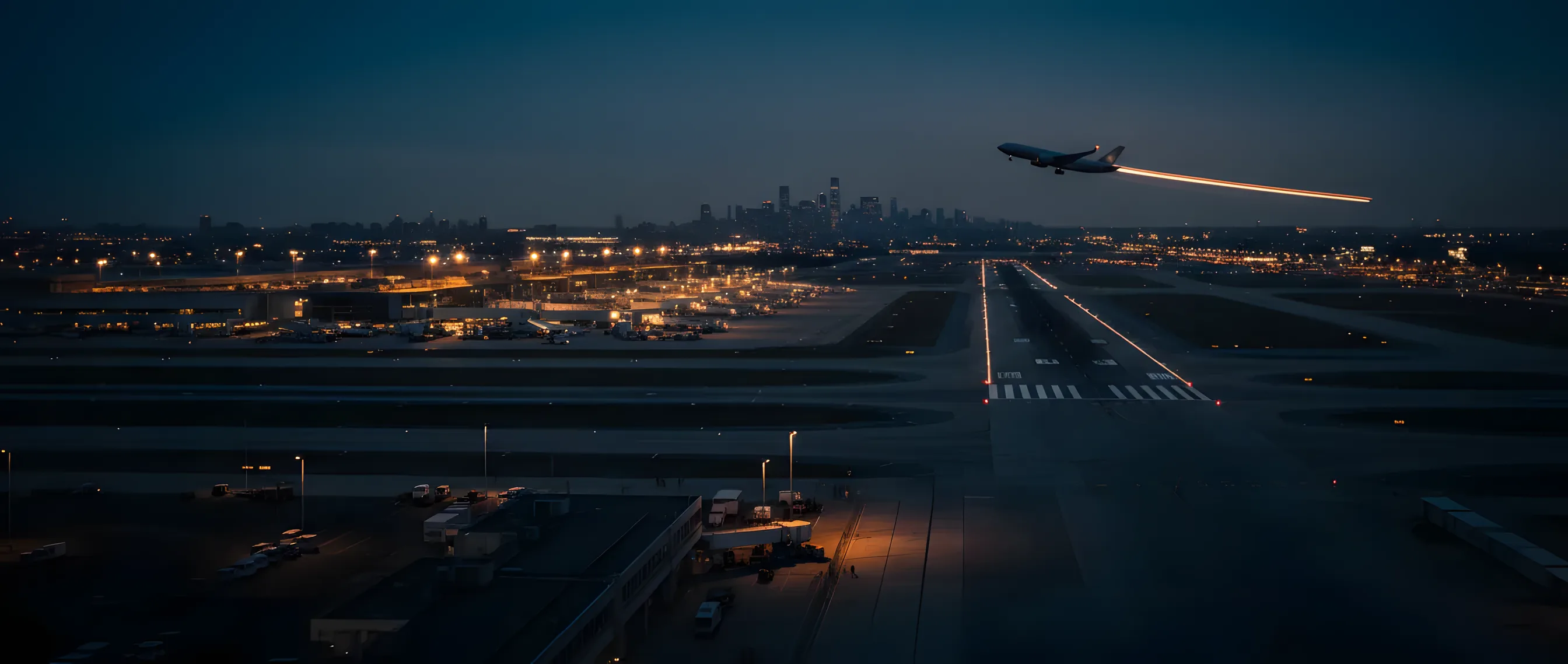 LaGuardia Airport at dusk, with glowing terminals and runways, and the Manhattan skyline in the background.