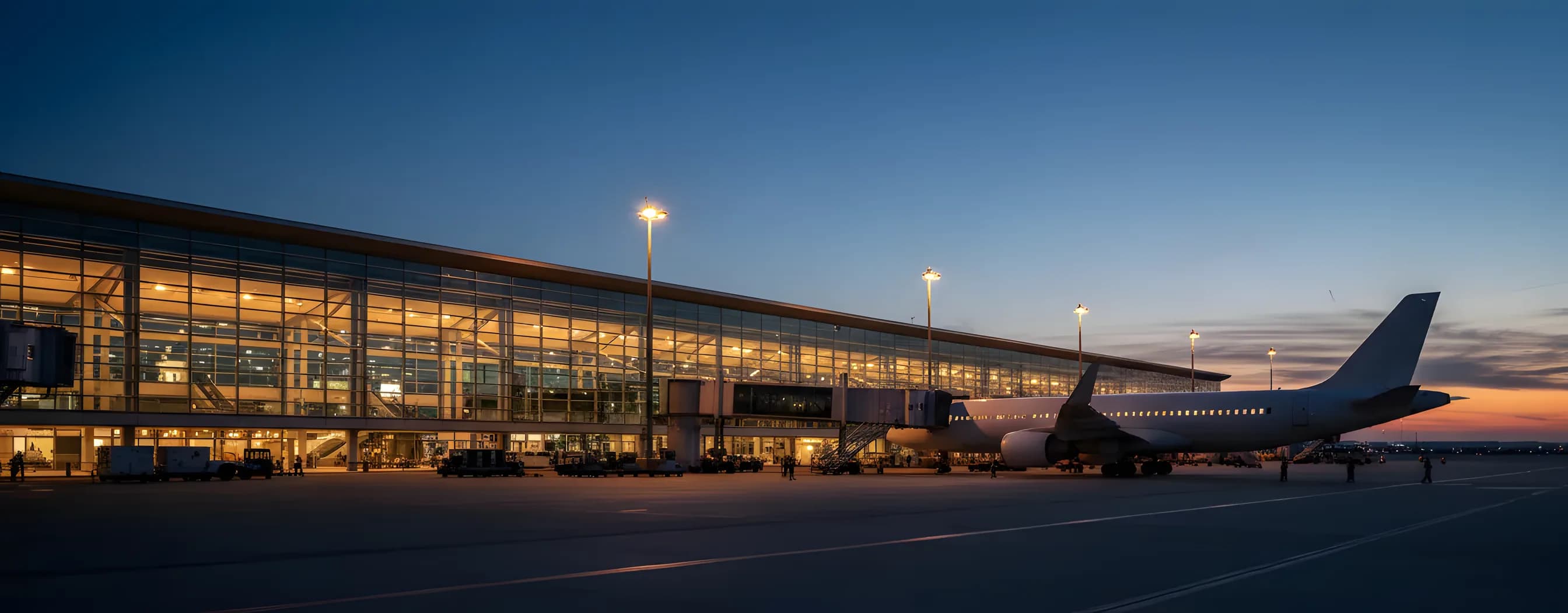 A large passenger jet at a modern airport terminal gate at dusk.