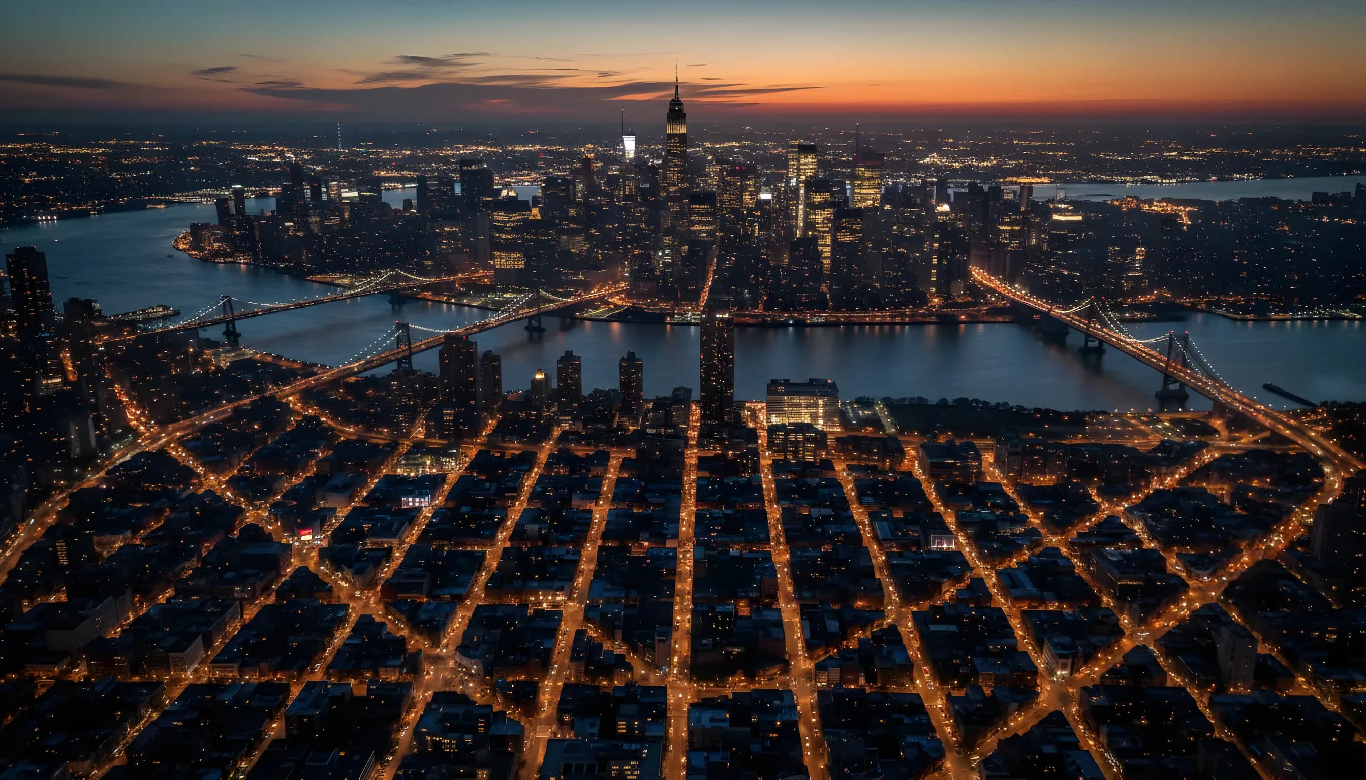 Aerial view of the Manhattan skyline and Queens at dusk, with city lights beginning to glow against a deep blue sky.