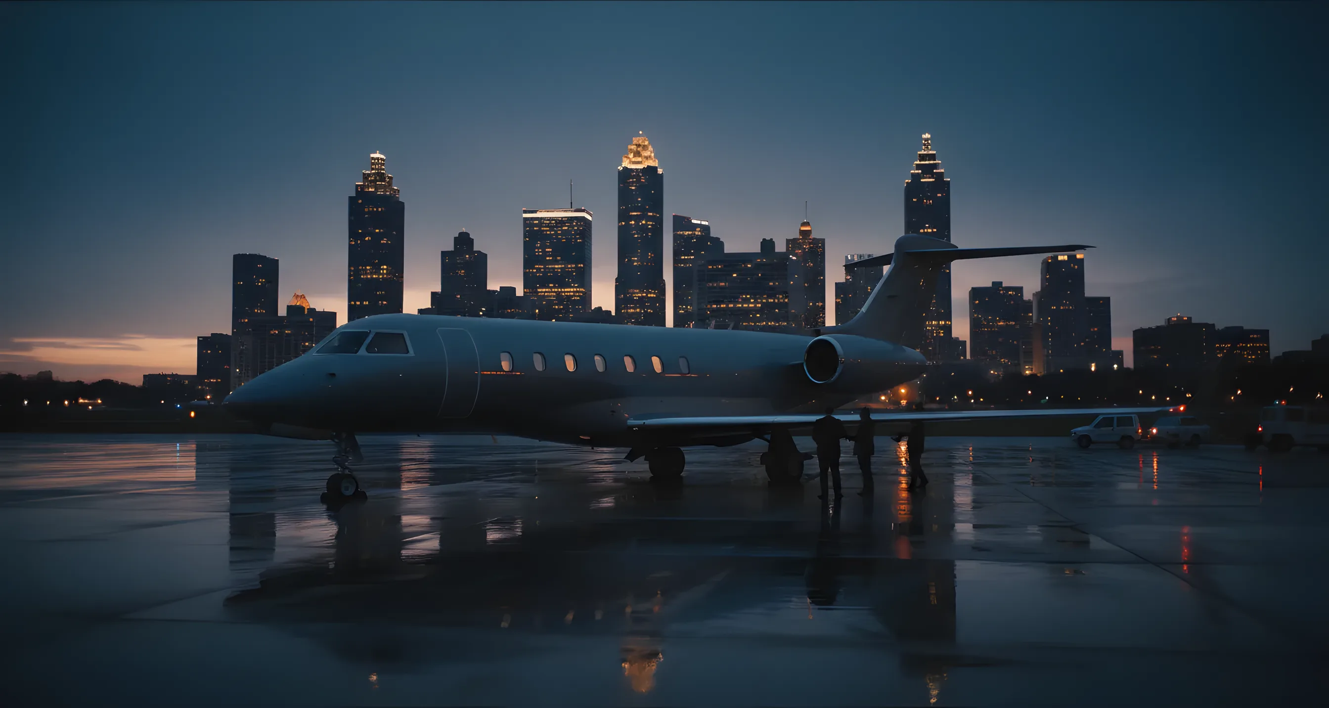 A private jet on an airport tarmac with the Atlanta skyline glowing in the background at dusk.
